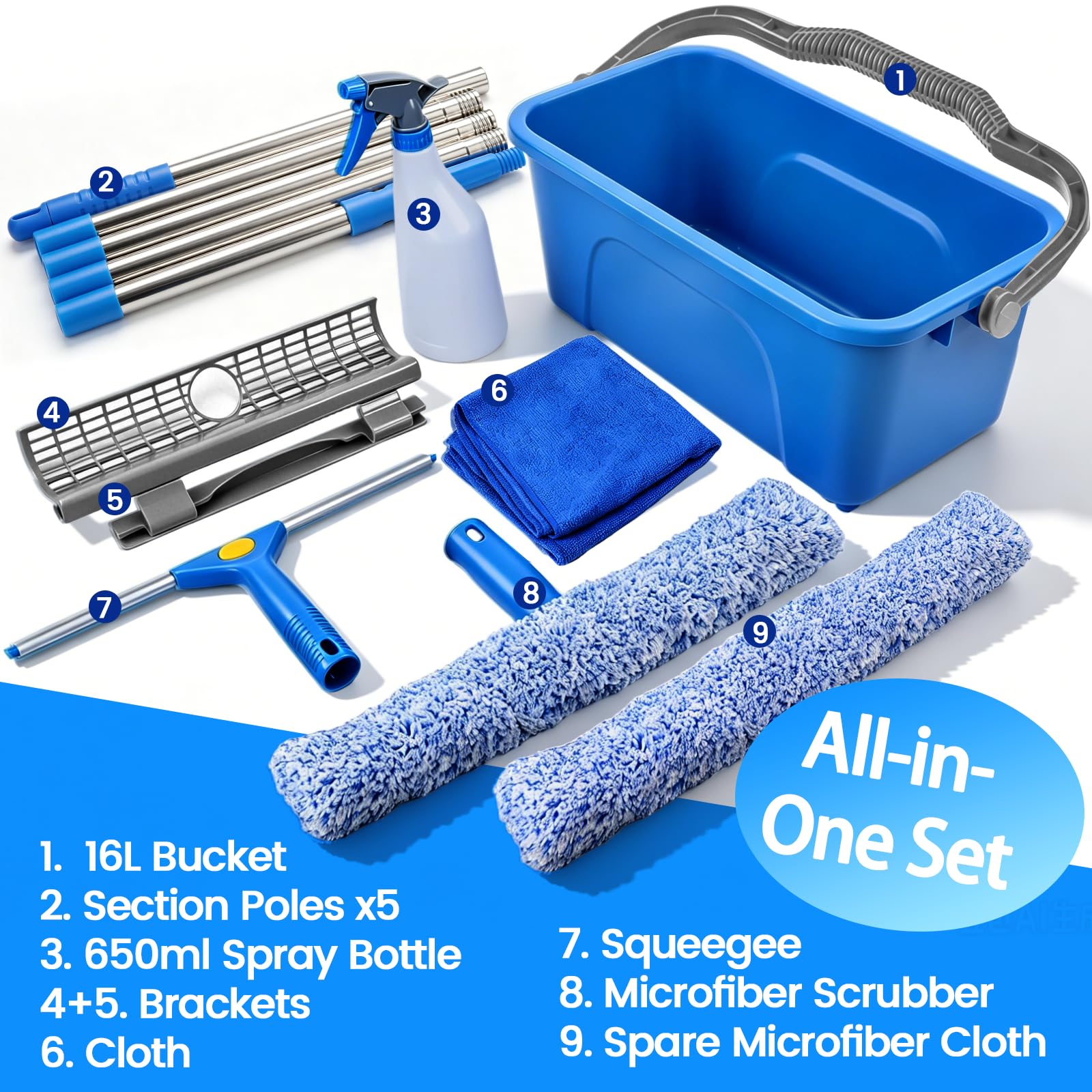 Equipo Profesional de Limpia de Ventanas con Cubo de 16L, Limpieza con Mango 2M, rasqueta de Silicona, Botella pulverizadora, Estropajo de Microfibra, paño, Kit de Lavado para Ventanas Altas Ducha