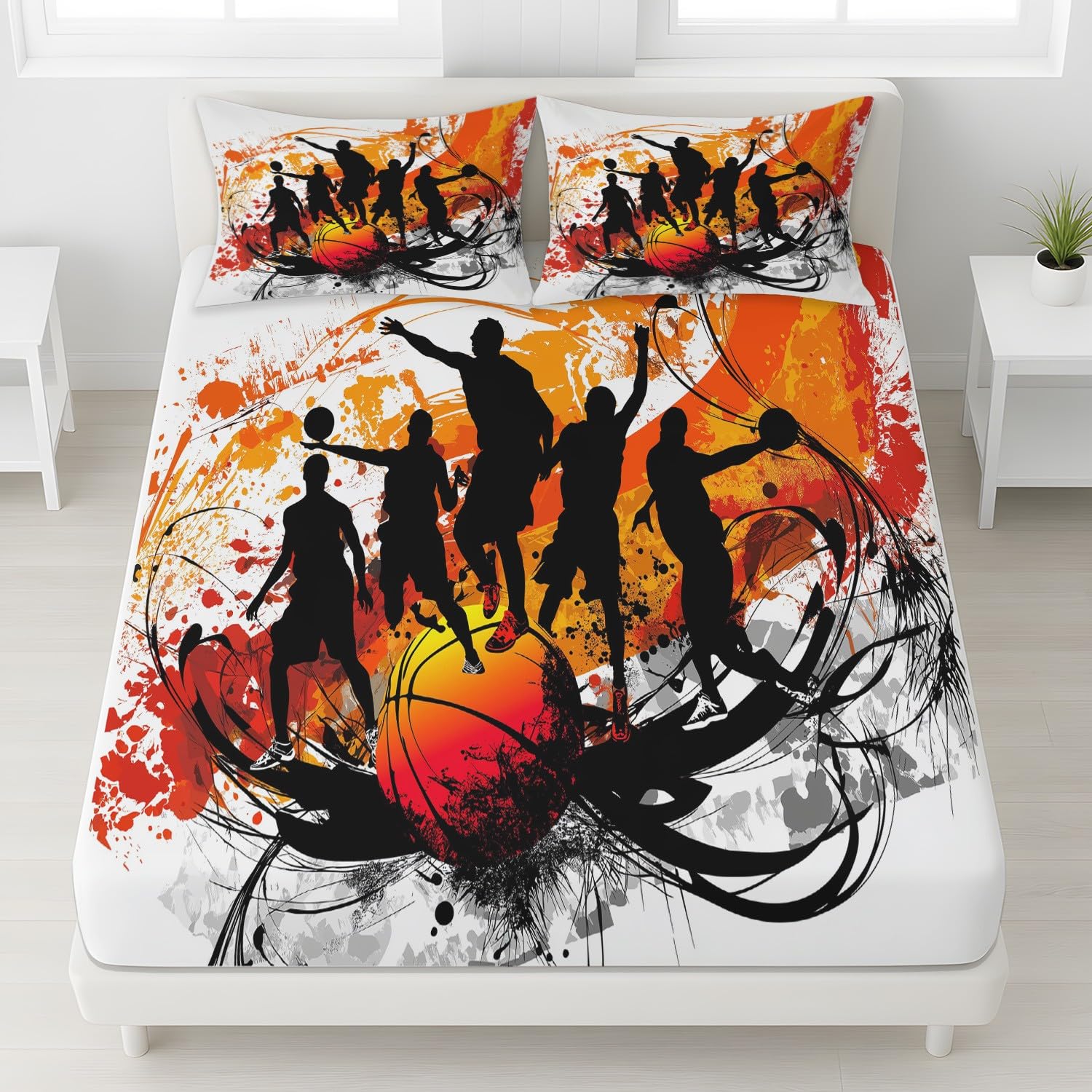 Rue Basketball Prześcieradło z gumką 140 x 200 cm Czapki 30 cm, Dynamiczny zestaw pościeli Athlete Graffiti, pościel dla dzieci dorosłych, pokrowiec na materac zapobiegający zdzieraniu