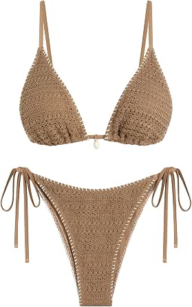 ZAFUL Women's Triangle Bikini Set Crochet Halter Two Piece Swimsuit