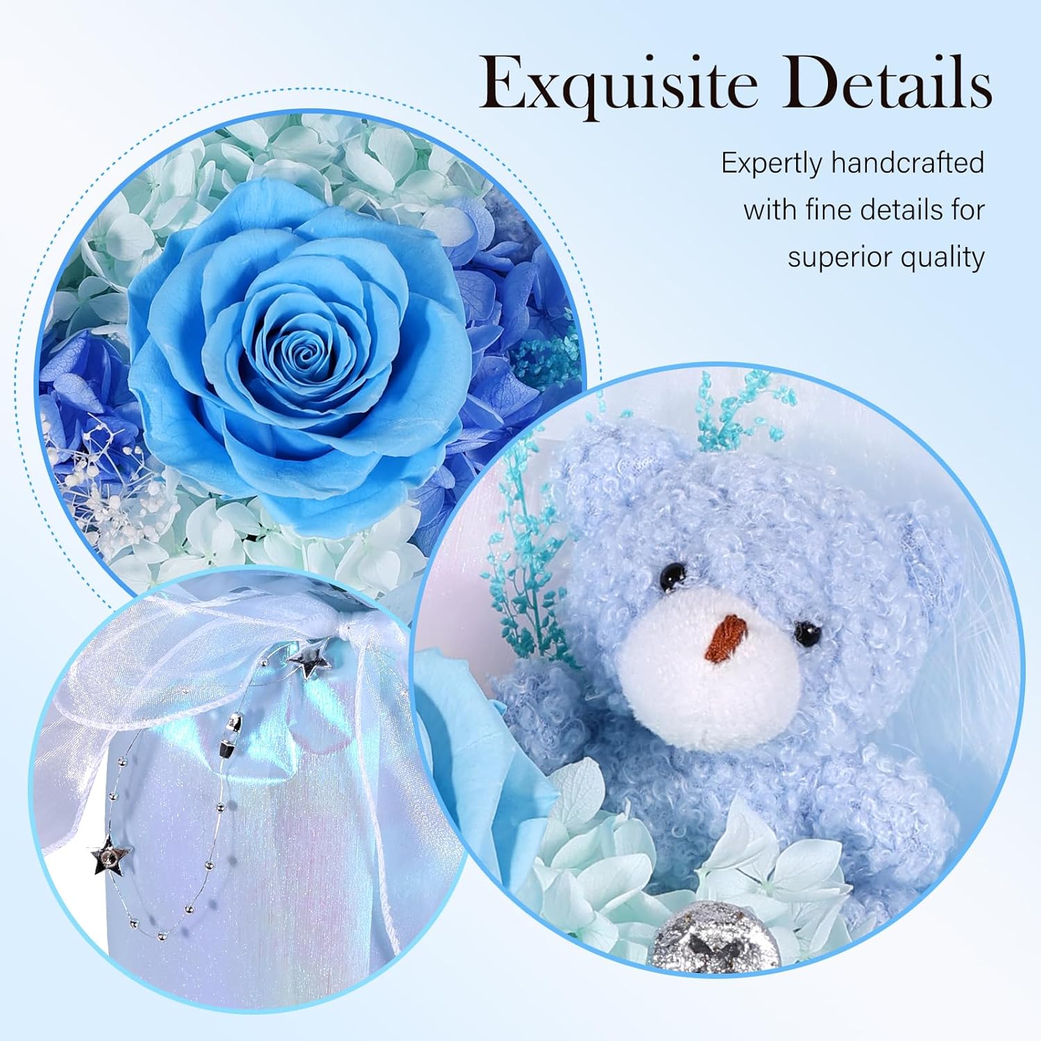 Preserved Flowers Bouquet with Bear, Real Forever Flowers for Delivery, Long-Lasting Blue Eteranl Roses Bouquet, Anniversary Birthday Valentine Gifts for Women Men Mom Grandma Her Wife Girlfriend - Image 4