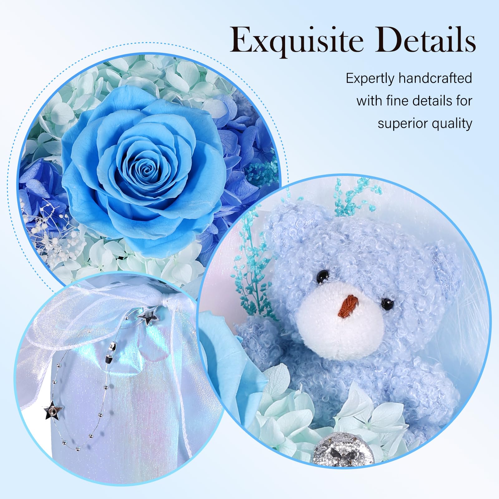 Bouquet di fiori stabilizzati con orsetto, 3 rose eterne vere, bouquet di rose blu a lunga durata, regalo per anniversario e compleanno, San Valentino per lei, per donna, ragazza, fidanzata