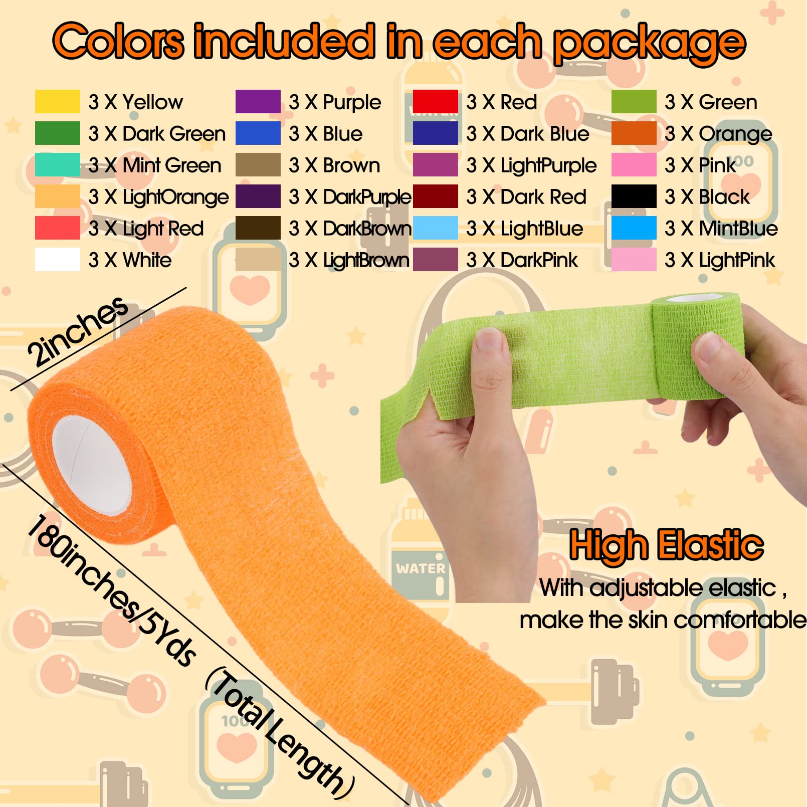 Paquete de 72 vendas autoadhesivas, vendas elásticas y cohesivas, transpirables para mascotas, vendaje elástico de 5 cm x 5 yardas, vendaje deportivo para talla M