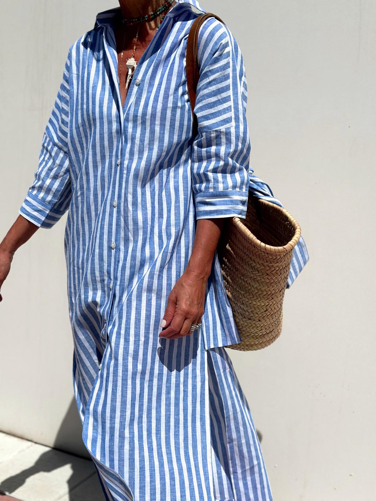 utcoco Abito da donna 2025, stile casual, con risvolto, maniche a 3/4, abbottonatura e cintura