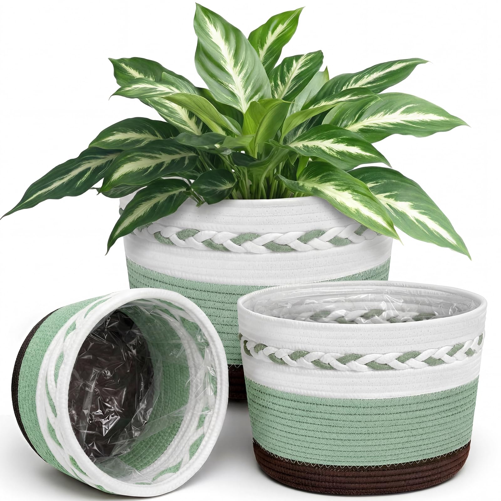 Photo 1 of Remerry 3 Pcs 7" 9" 13" Cotton Rope Plant Baskets Indoor with Plastic Liner 3 Colorful Straw Woven Plant Basket Indoor Green Round Wicker Basket for Living Room Floor Potted Pots Decor