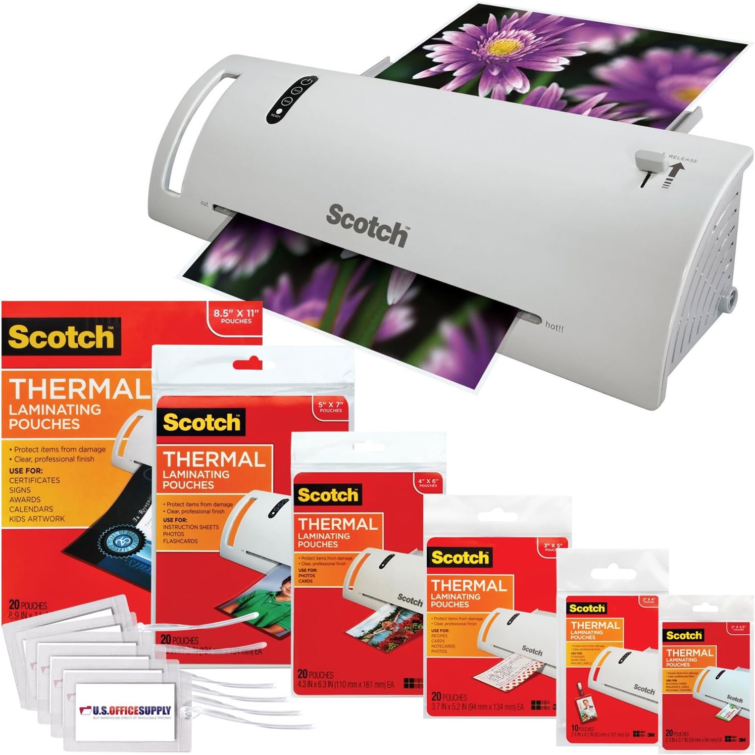 Scotch Thermal Laminator Combo Pack Holds Sheets Up To 8.5" x 11(TL902A) 110 Piece Assorted Pouch Sizes & Scotch Brand Luggage Tags