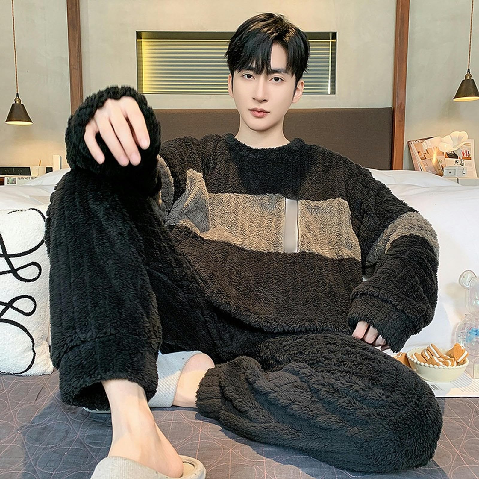 Pigiama in Flanella Pigiatura da Uomo A Manica Lunga Jacquard Abiti da Casa Peluche Inverno Sciolto Caloroso Set A Due Pezzi-Black+caffè-XXL