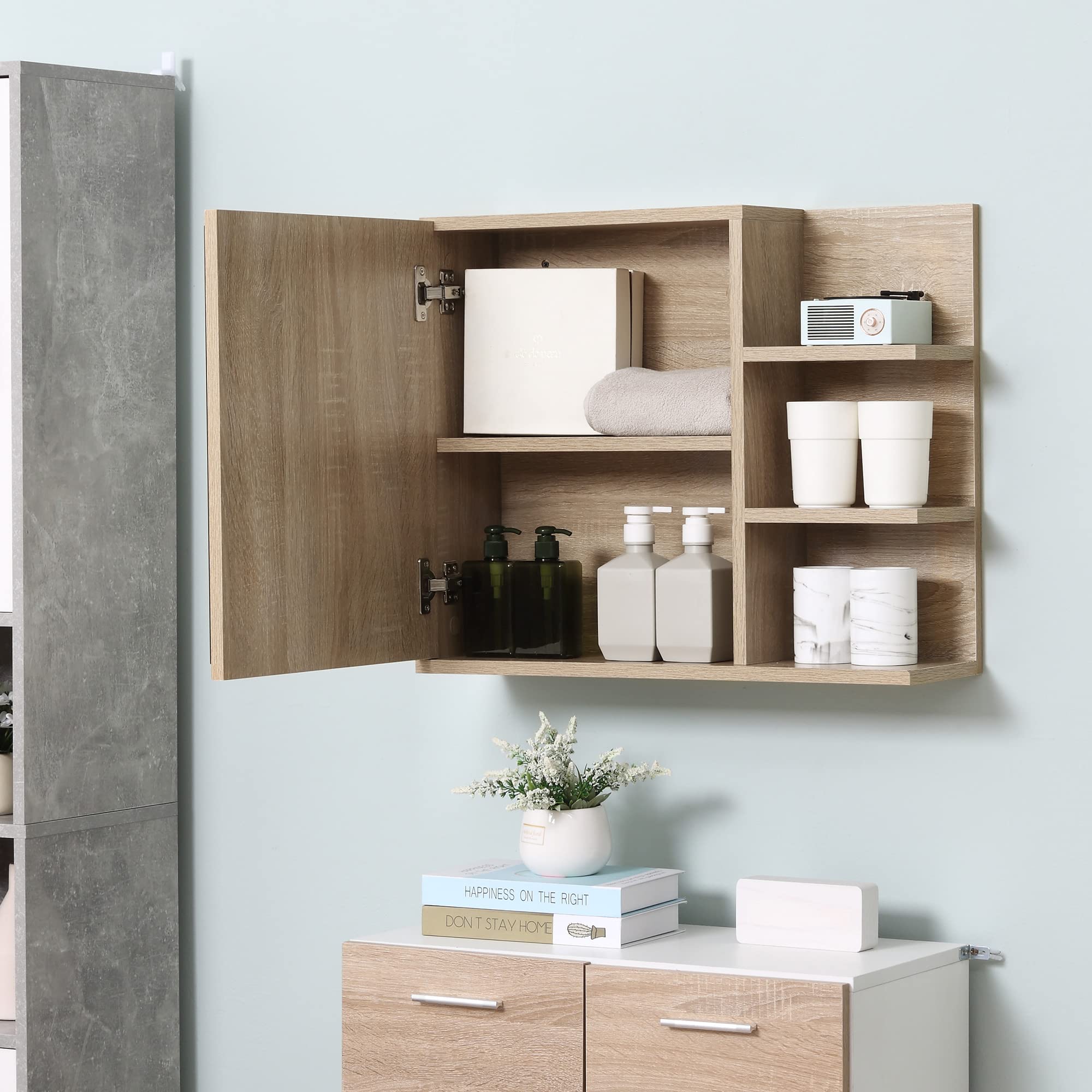kleankin Armoire Miroir de Salle de Bain Aspect Chêne Clair | 3 Étagères Latérales, Kit Installation Murale Fourni, Panneaux Particules