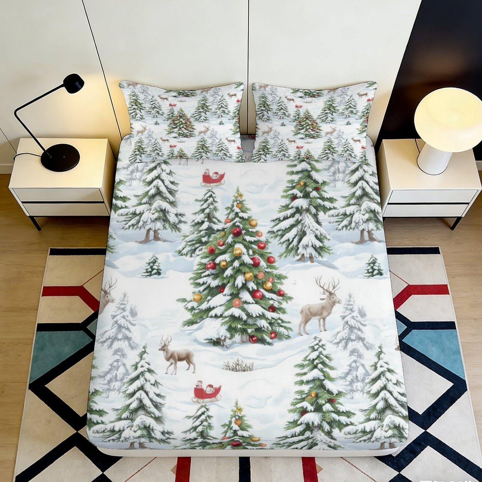 3D Printed Christmas Tree Fitted Sheet Microfiber Soft Winter Forest Reindeer Bed Cover for Bedroom Guest Room Decor 200x200x25cm