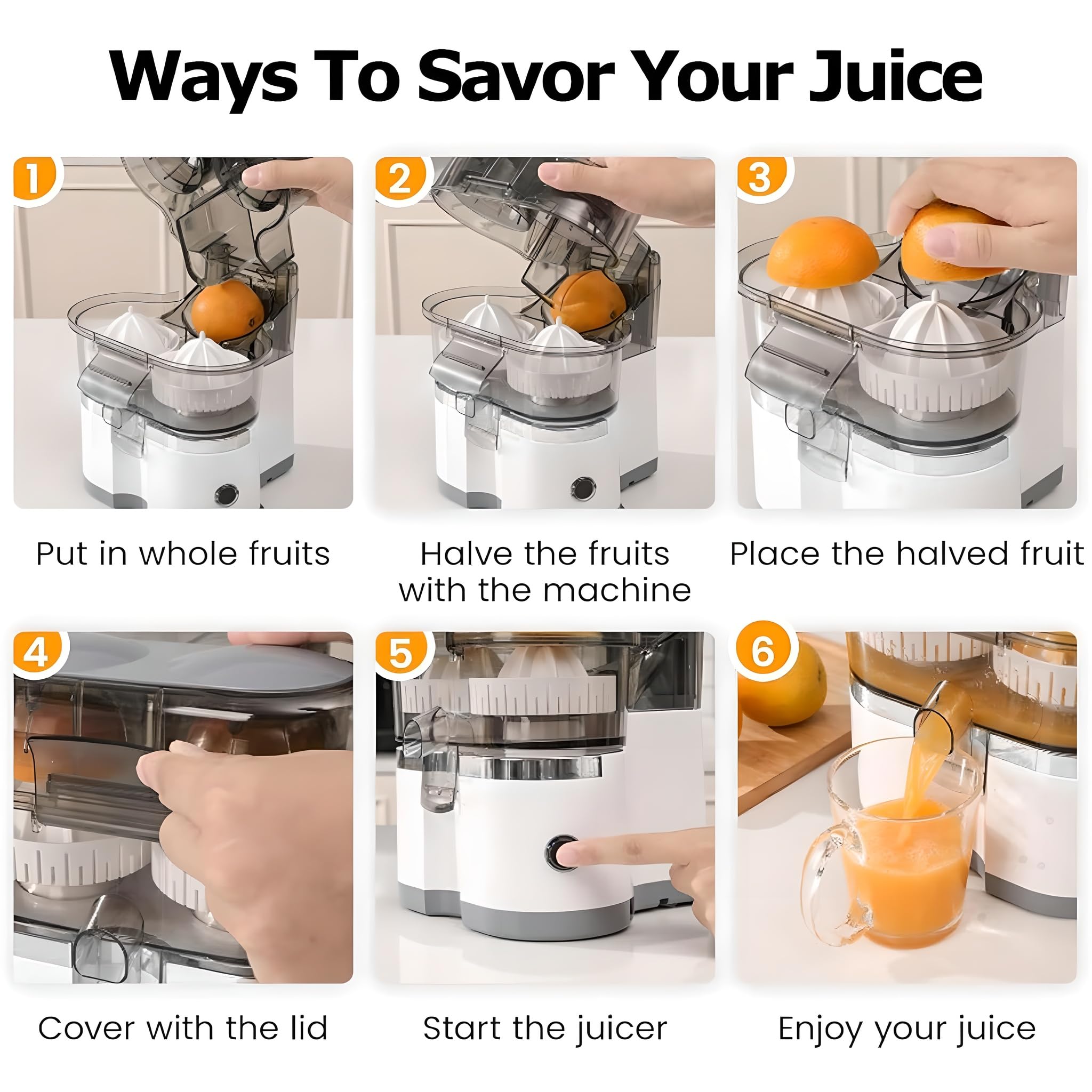 Exprimidor eléctrico de cítricos, máquina de jugo de arranque automático 2 en 1 con cable de alimentación, fácil de limpiar, no necesita cepillo, cortador integrado para naranja, limón y lima