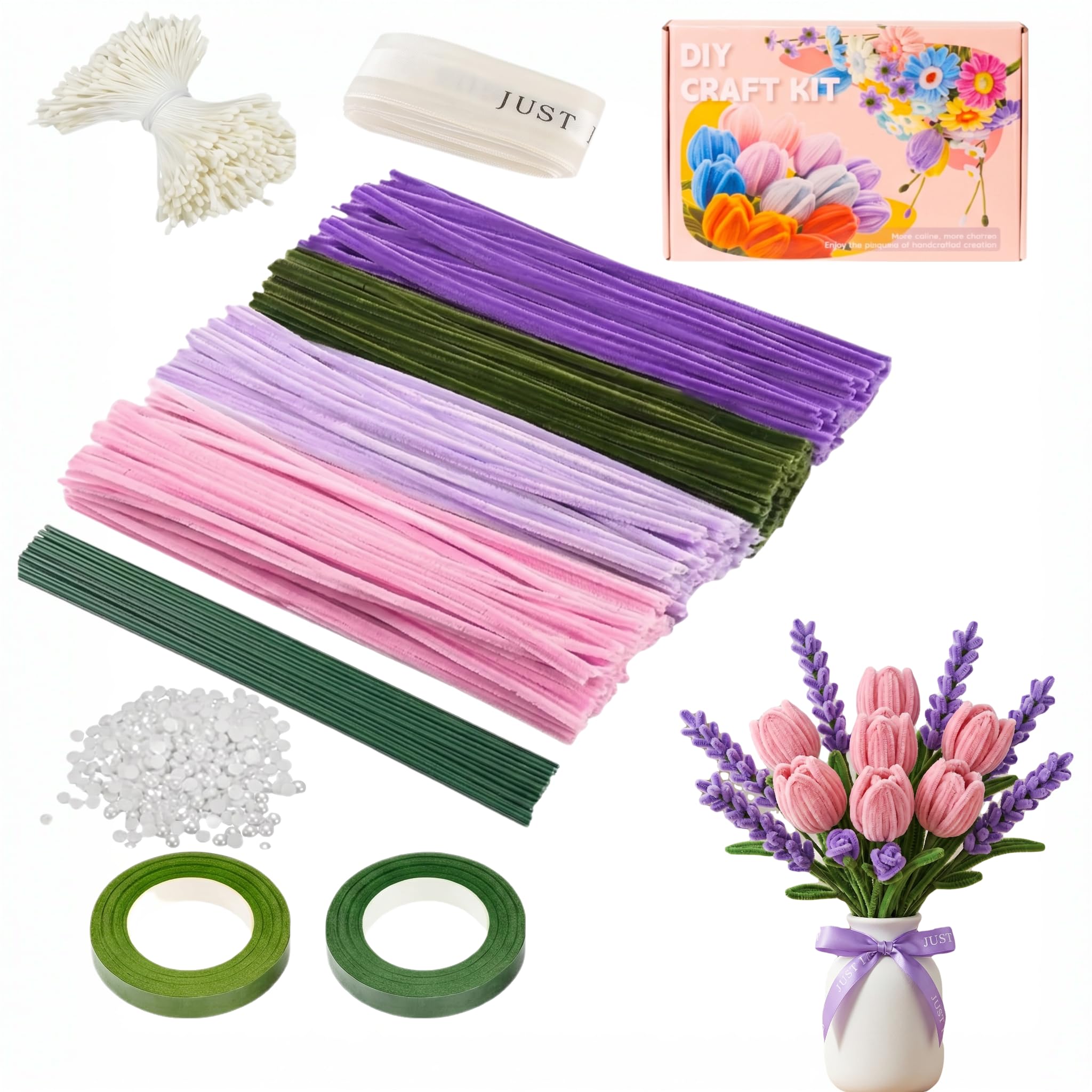 YDAKGUEY 400Pcs Pipe Cleaners Flower Kit, 30cm Fuzzy Sticks with Flower Stamen, Stems & Wrapping Supplies for Lavender & Tulip Bouquets, Handmade Gift for Craft Enthusiasts