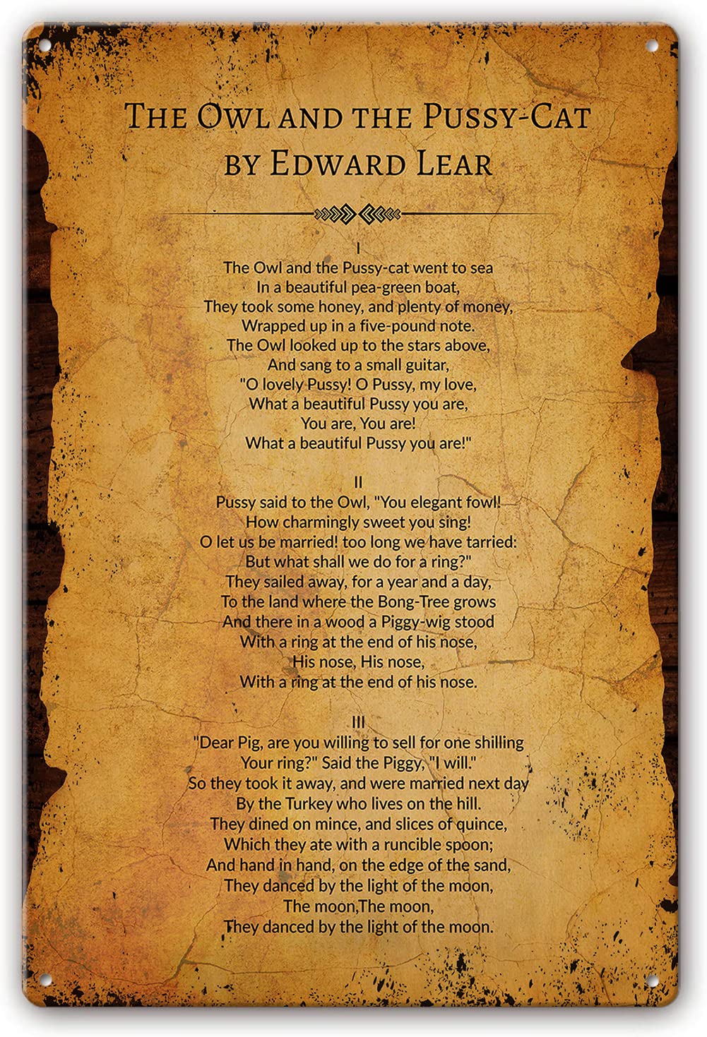 Preeklen Tin Sign 078 The Owl And The Pussy-Cat Poem Wall Decor Tin Signs Edward Lear Quotes Wall Art Metal Sign Poetry Posters For Home Wall Prints For Living Room Printed For Bedroom 8X12 Inch