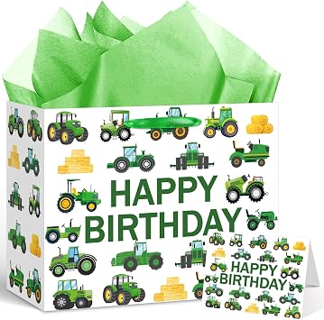 Tractor Birthday Gift Bag with Tissue Paper Card Tractor Wrapping Paper Goodie Bag Tractor Party Favors Green Farm Themed Wrapping Paper Tractor Birthday Party Decorations Supplies 11.8"x9.4"x5.3"