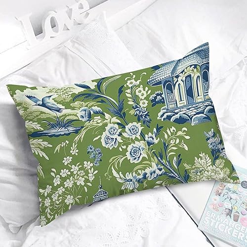 Miniatura 5 de ArogGeld Pagoda Garden - Fundas de cojín lumbares de color verde imperial, diseño de flores, pájaros, animales, funda de almohada estilo chinoiserie