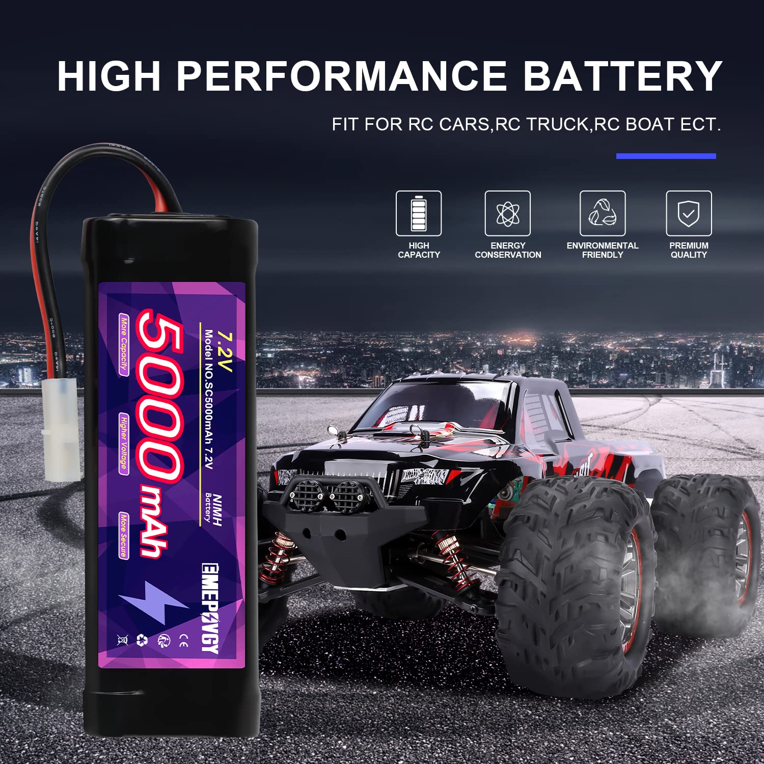Batteria ricaricabile da 7,2 V RC NiMH, capacità 5000 mAh, batteria piatta a 6 celle con spina TMY (2 confezioni)