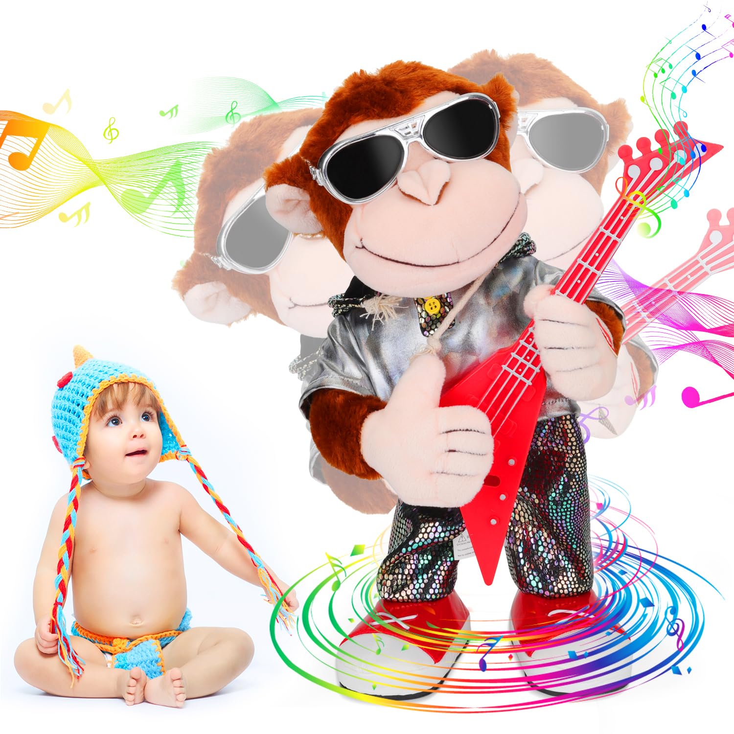 Mono danzante de peluche con forma de mono cantando y bailando, juguete para niños y adultos, regalo para decoración del hogar, baile, canto, sacudiendo el cuerpo y sacudiendo la guitarra