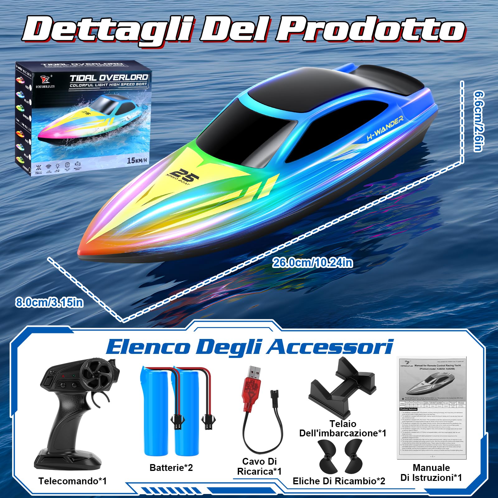 FORMIZON Barca Telecomandata, 2,4 GHz Motoscafo Radiocomandato con 7 Modalità luce a LED, 15 km/h Barca RC per Piscine e Laghi, Barche da Corsa Speedboot Giocattolo per Bambini e Adulti (Blu)