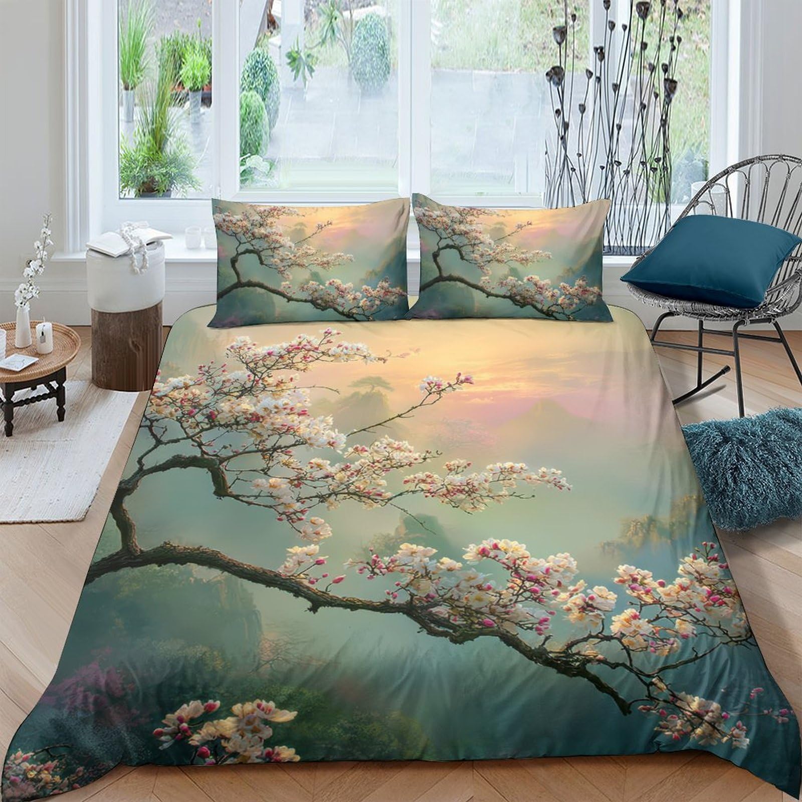 Ctjqhvkz Style-10 3D Printed Japanese Cherry Blossom Fitted Sheet Microfiber Bedroom Decor Sunrise Branch Mattress Cover Single（135X200cm）