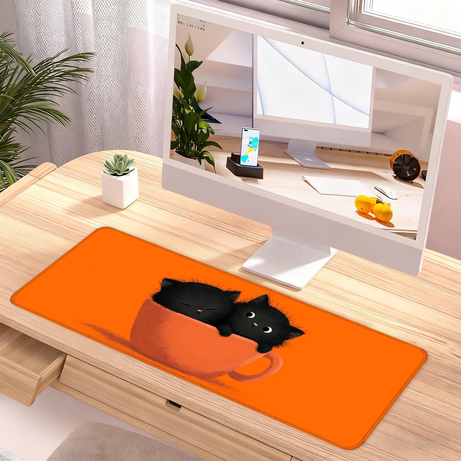 Large Cute Black Cat Mouse Pad, Extended Desk Mat with Non-Slip Base – 31.5 x 11.8 in – Cartoon Kittens in Orange Cup Design, Stitched Edges, Waterproof Gaming Keyboard Pad for Office & Home image 2