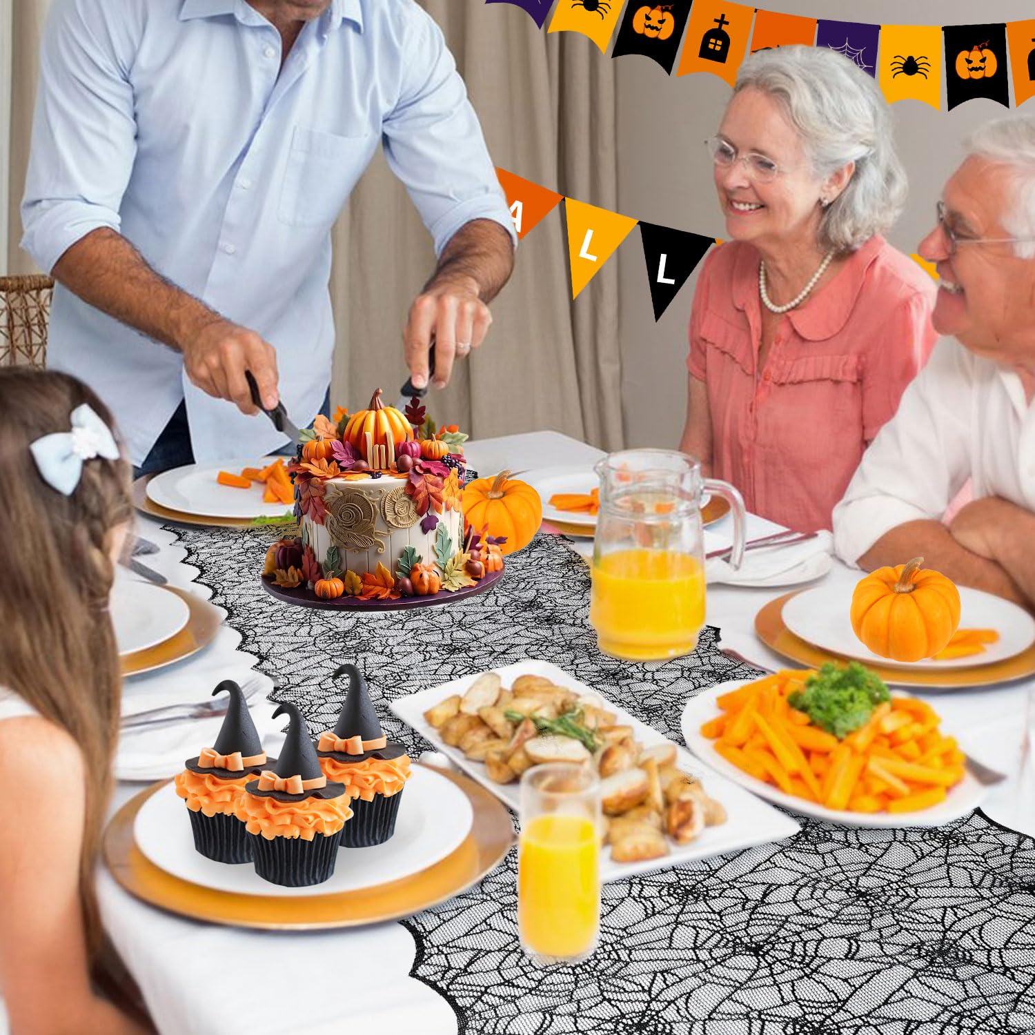 Bieżnik na stół na Halloween, czarna koronkowa pajęczyna bieżnik na stół na Halloween, 45 x 183 cm, gotycki koronkowy bieżnik na stół, dekoracja stołu, dekoracja stołu na Halloween