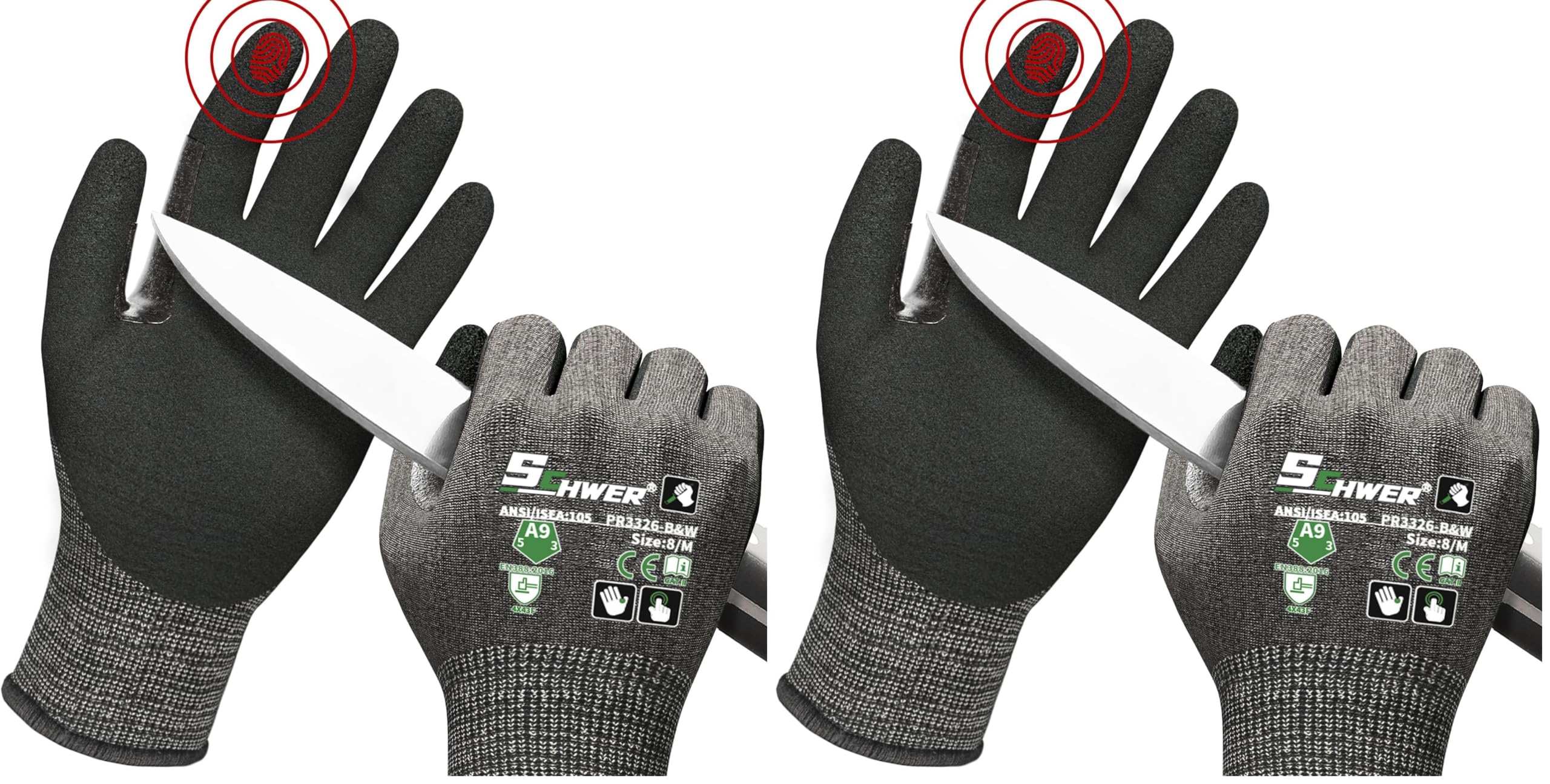 Schwer ProGuard High Level Cut Resistant Work Gloves PR3326 for Extreme Protection，ANSI A9 Cut Gloves with Reinforced Thumb, Non Slip, Breathable, Durable, Touch-screen, Black 1 Pair（M） (Pack of 2)