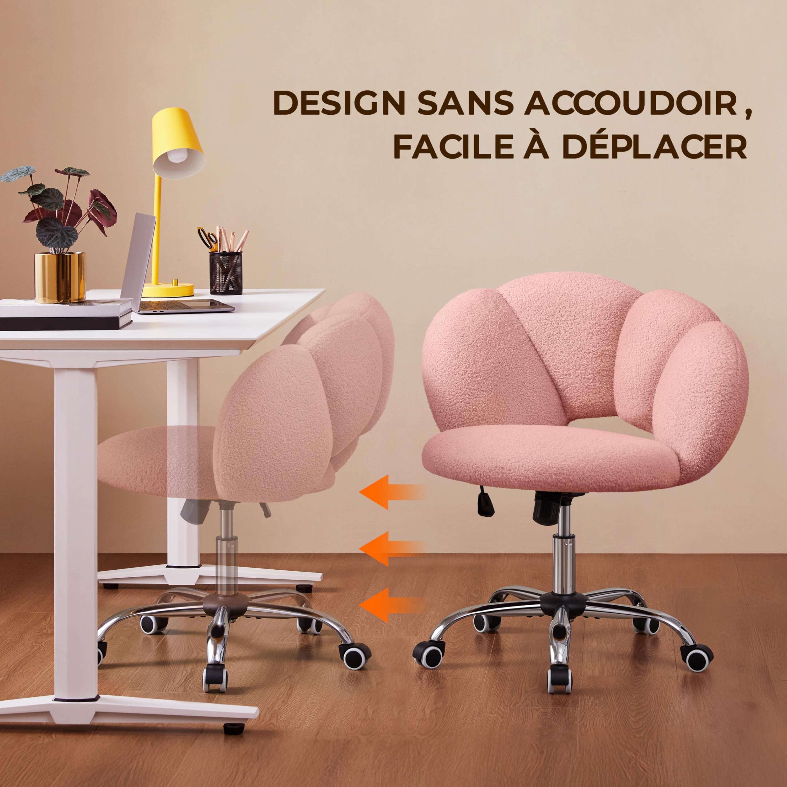 Yaheetech Poltrona da ufficio, sedia girevole ergonomica, schienale comfort in nuvola, regolabile in altezza, carico 136 kg, per soggiorno, camera da letto, ufficio, rosa/ricci