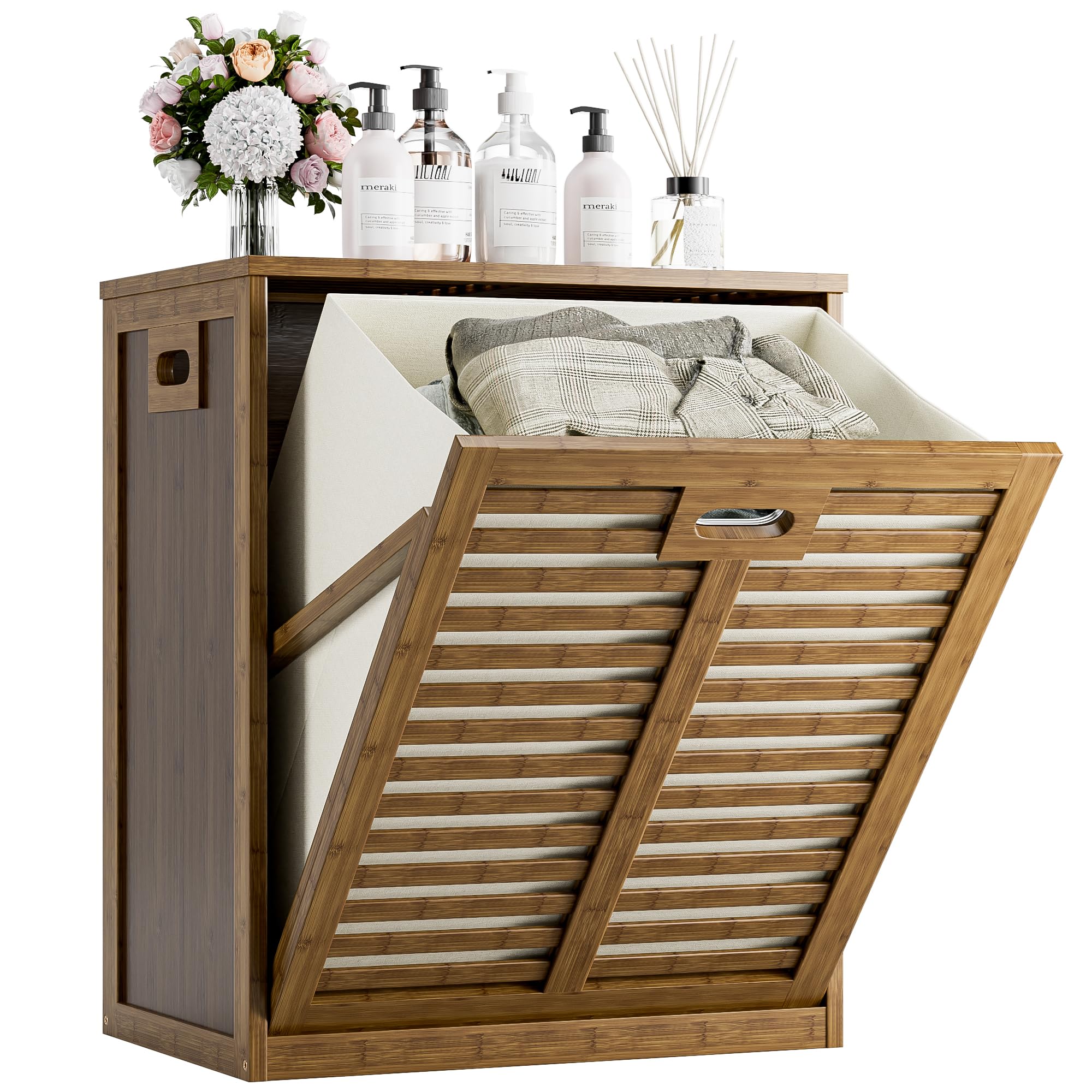 HITNET Armario de Baño con Cesto Ropa Sucia, Mueble Ropa Sucia de Bambú, Cesta Lavandería, Bolsa Interior Extraíble con Asas para sala de estar y dormitorio, Nogal