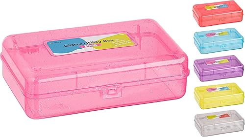 Enday Caja de lápices de plástico con tapas de cierre a presión, color rosa, pequeño organizador de suministros escolares y de oficina, también