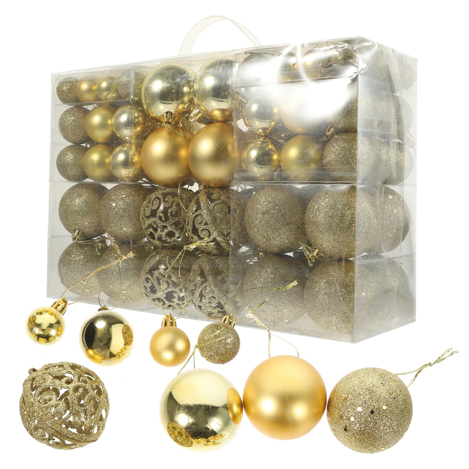 Caja de 100 Bolas Navideñas Doradas para Árbol, Adorno Colgante de Plástico Creativo, Tamaño 3-6 Cm para Ambiente Festivo y Regalos