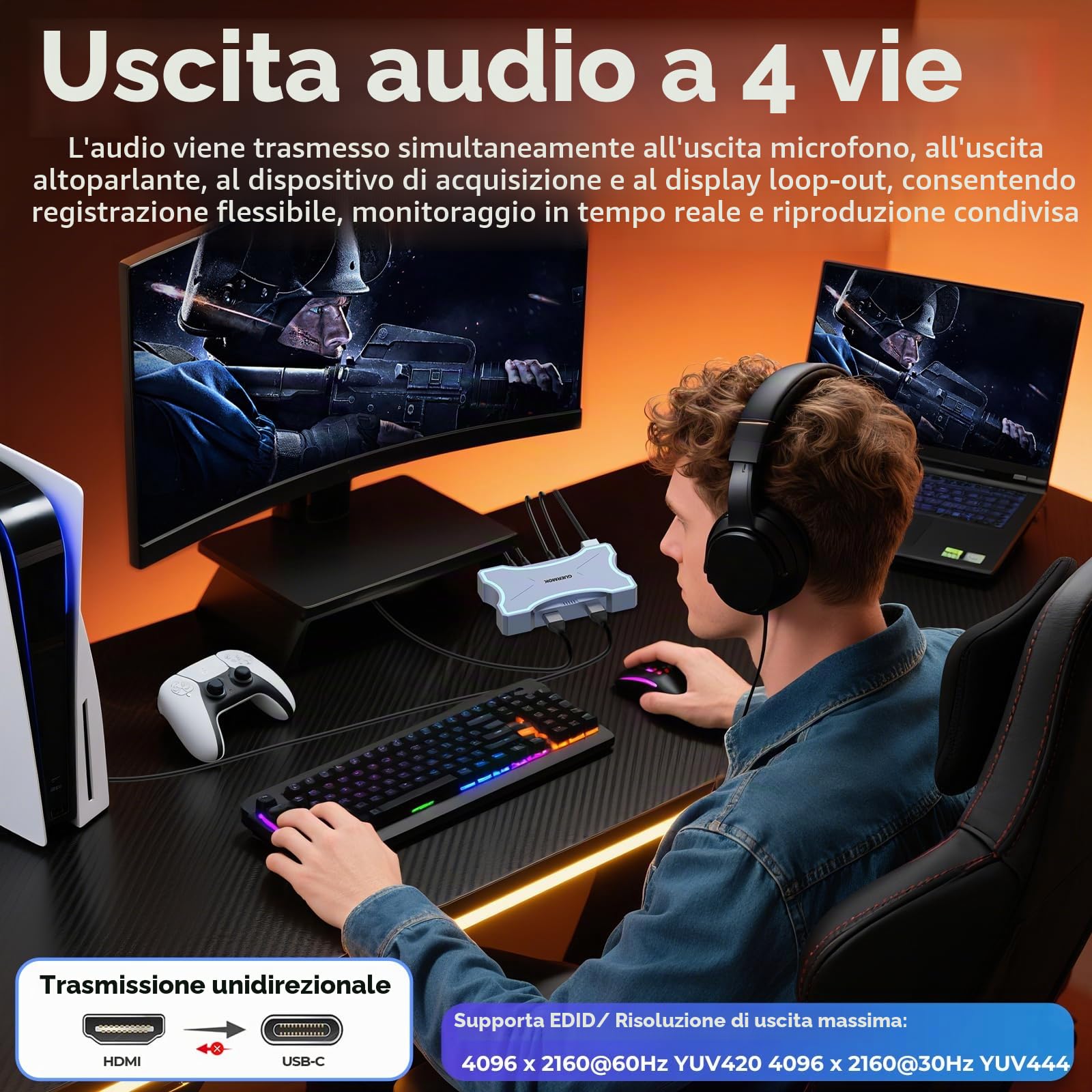 Guermok, Scheda acquisizione HDMI, 4K60FPS / 2K120FPS, Touch LED, streaming | Streaming, registrazione e gaming a bassa latenza, Compatibile con console portatili, computer, software di streaming, USB3.0
