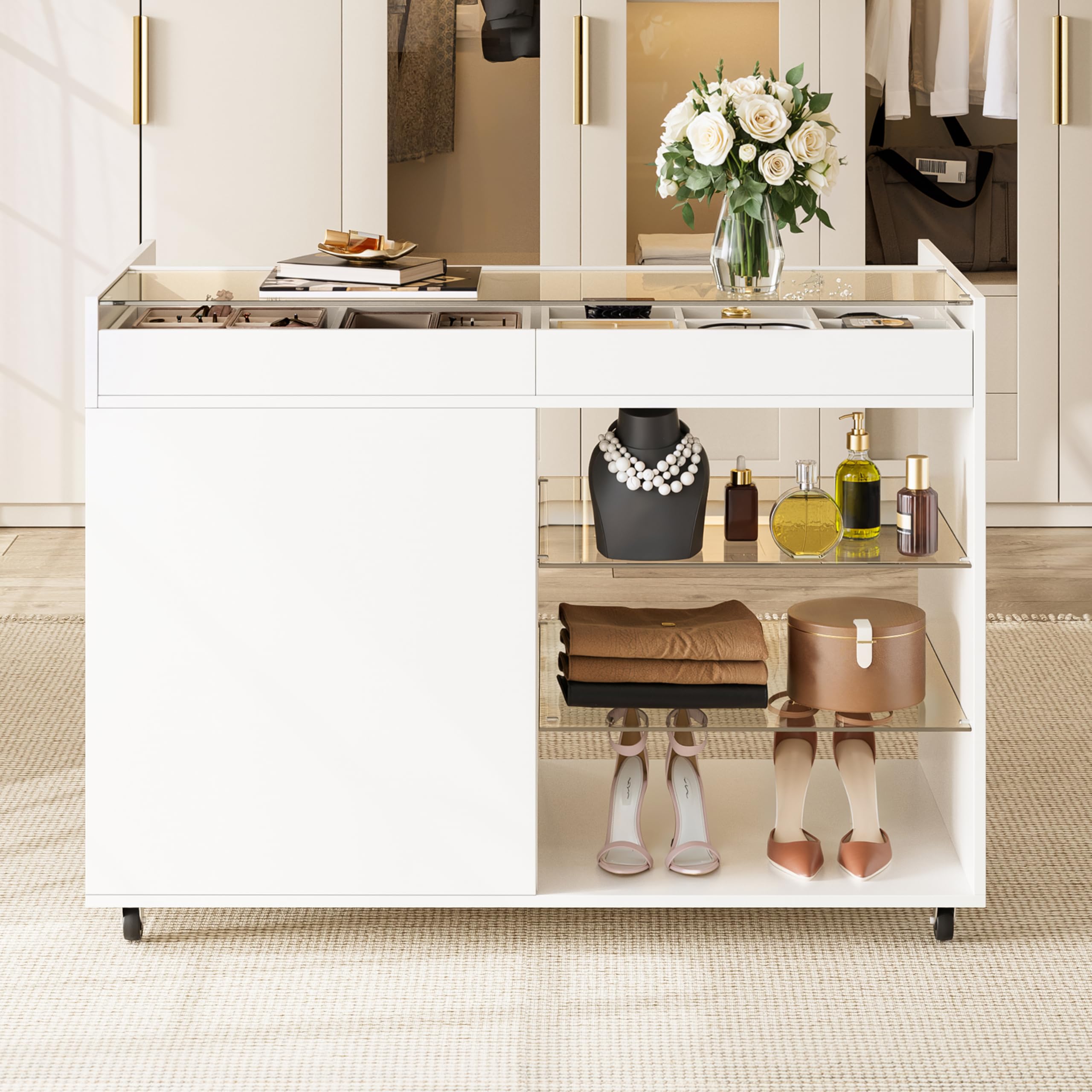 Aparador blanco, aparador para salón, armario de cocina, armario de bufé, con 5 cajones, compartimentos, equipado con ruedas, para salón, comedor, 110 × 60 × 79 cm