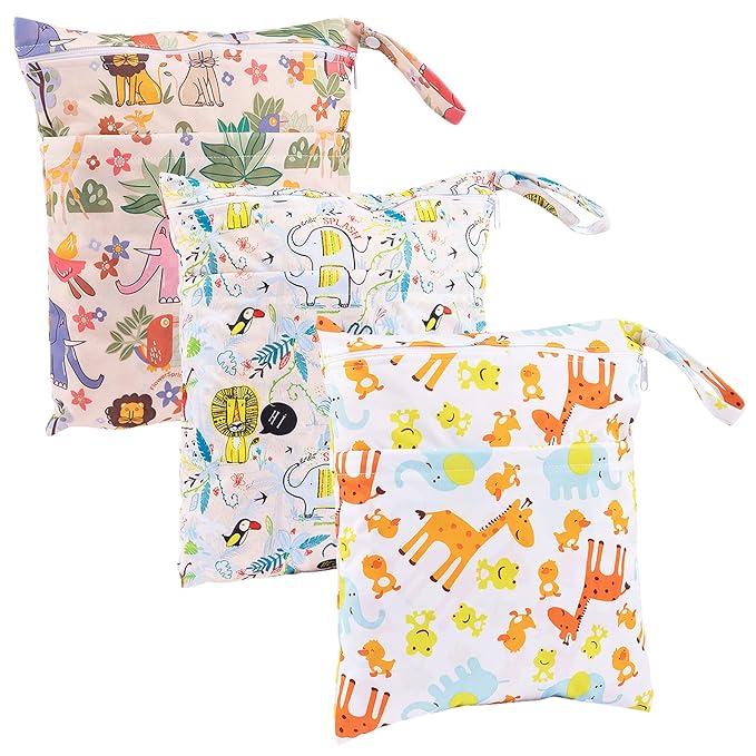 Biubee Cloth Diaper Wet and Dry Bags -Baby Waterproof Washable Wet Bag with Zippered Pockets(pack of 3)