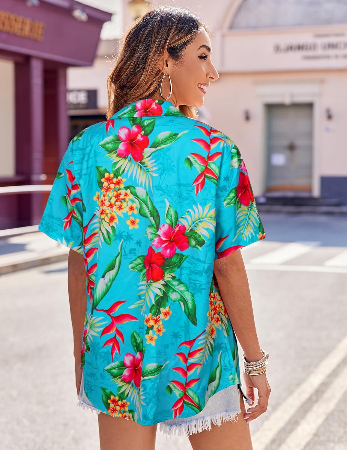 Women Hawaiian Shirt Floral Tropic Print Tee Hawaii Button Down Tshirt Beach T Shirt Summer Short Sleeve Tops - Image 4
