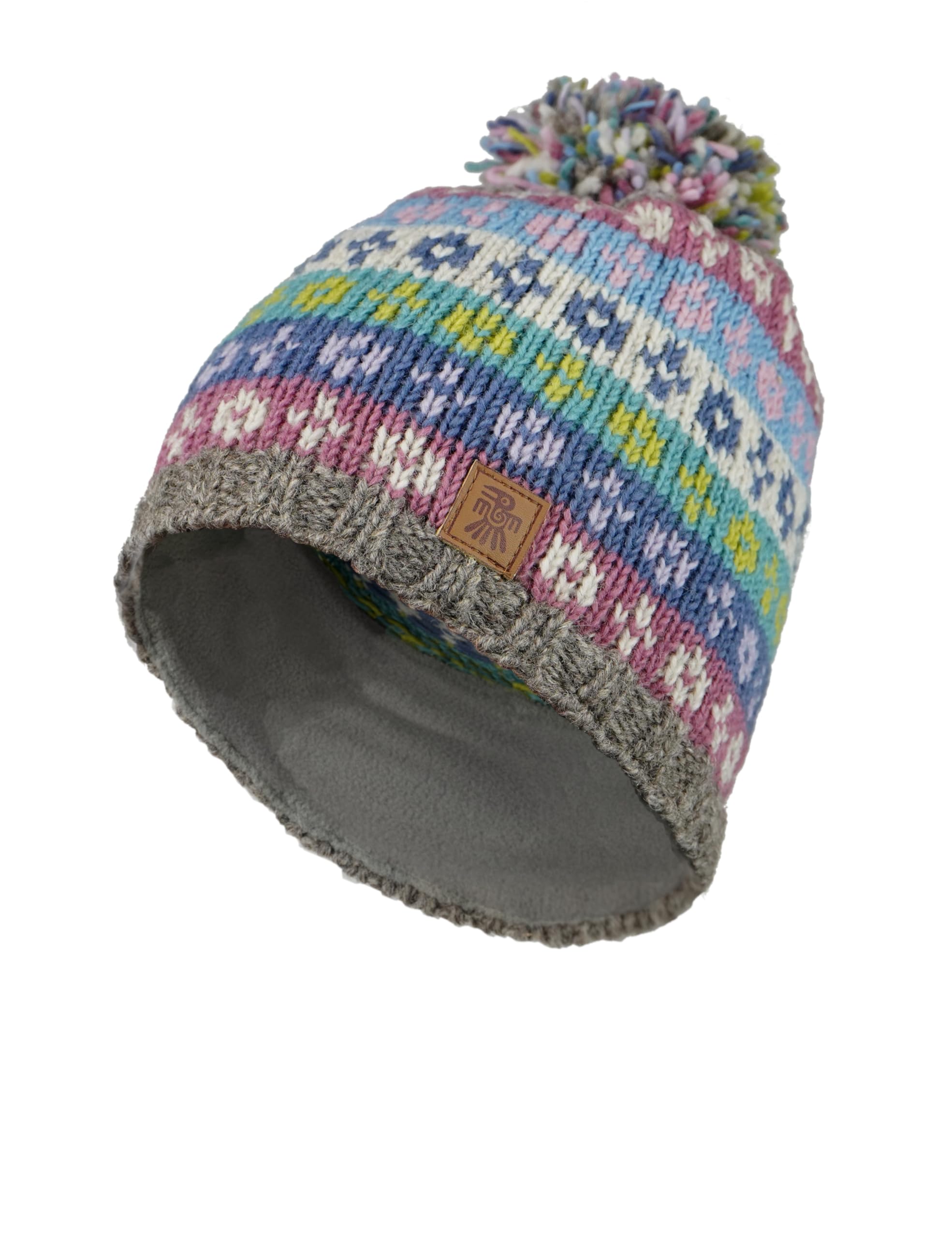 Pachamama Women Wool Beanie Bobble Hat Fleece Lined Handknitted Fairisle Pastel Colours One-Size Handmade Extra Warm Fair Trade