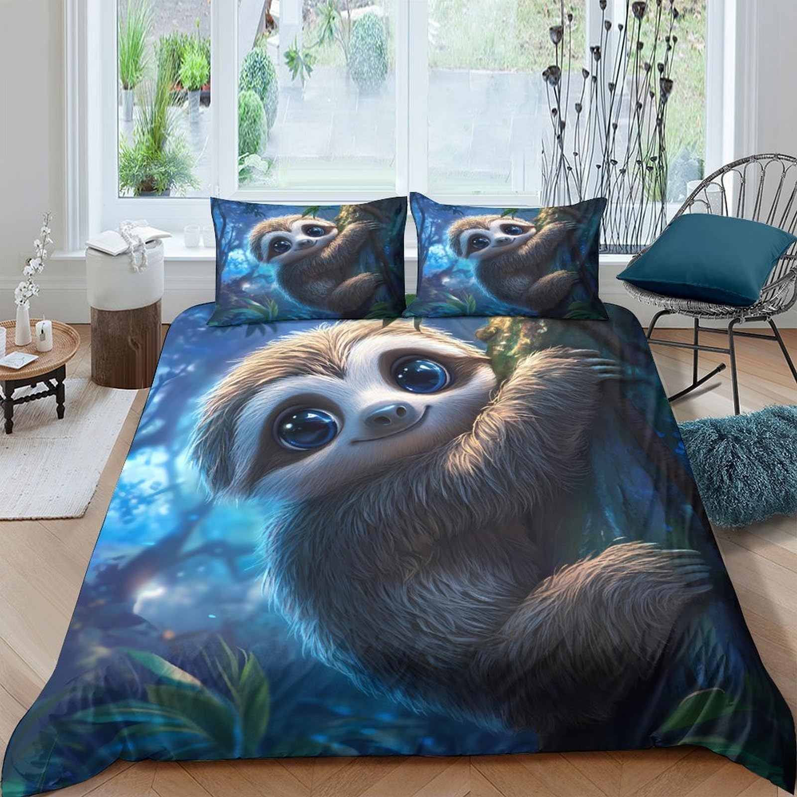 Ctjqhvkz Style-5 3D Printed Cute Sloth Fitted Sheet Microfiber Soft Blue Forest Cartoon Mattress Cover For Bedroom Guest Room Decor Single（135X200cm）