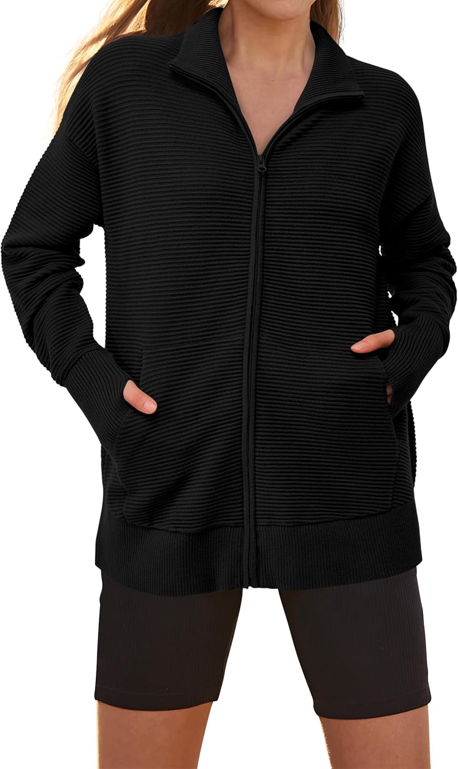 PRETTYGARDEN Womens Fall 2025 Long Sleeve Zip Up Cardigan Sweaters Casual Loose Collared Ribbed Knit Tops Jackets Thumb Hole - Image 5