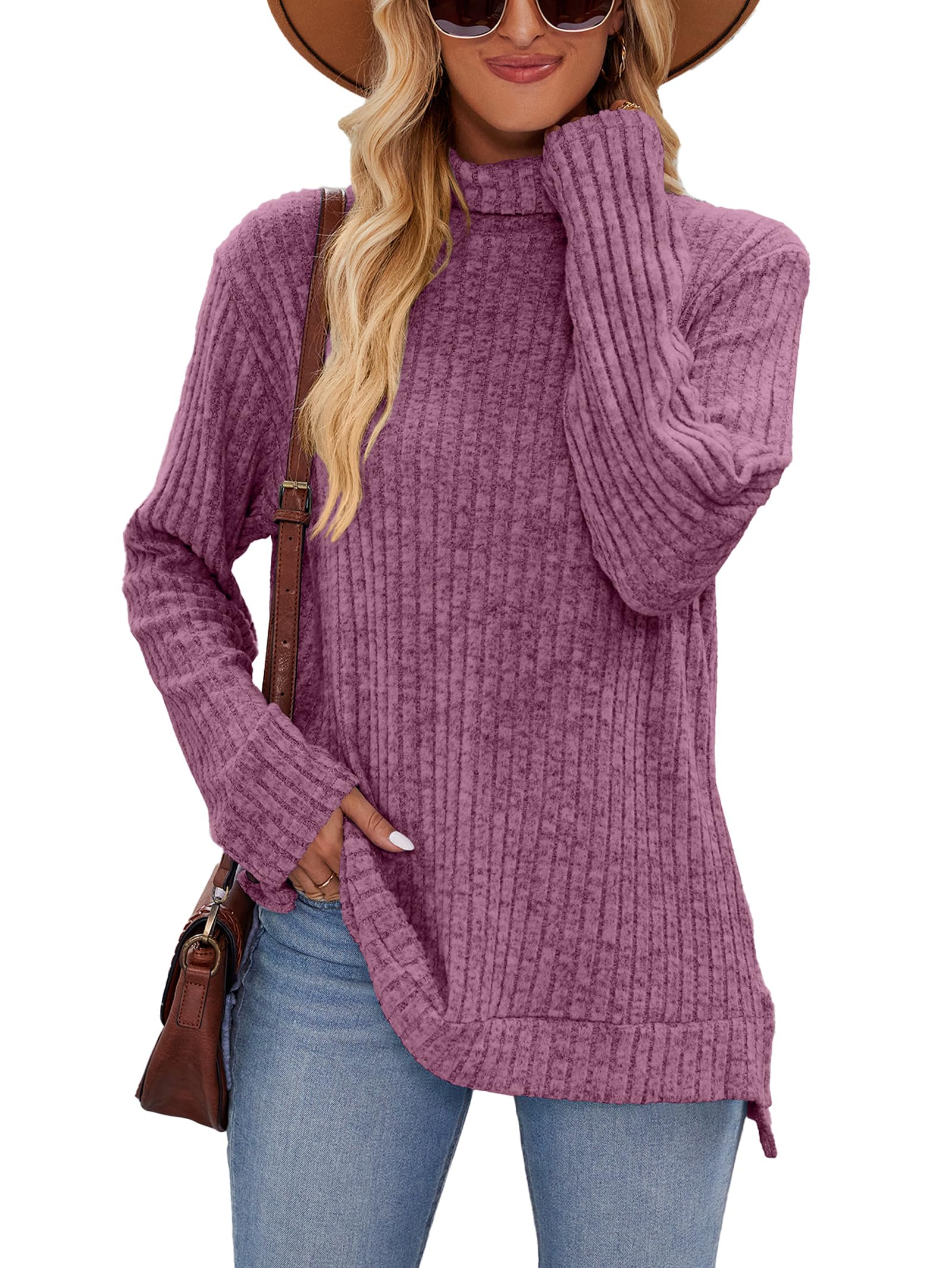 Famulily Rollkragenpullover für Frauen, übergroße Herbst Winter Langarm Pullover Side Splits Tunika Tops