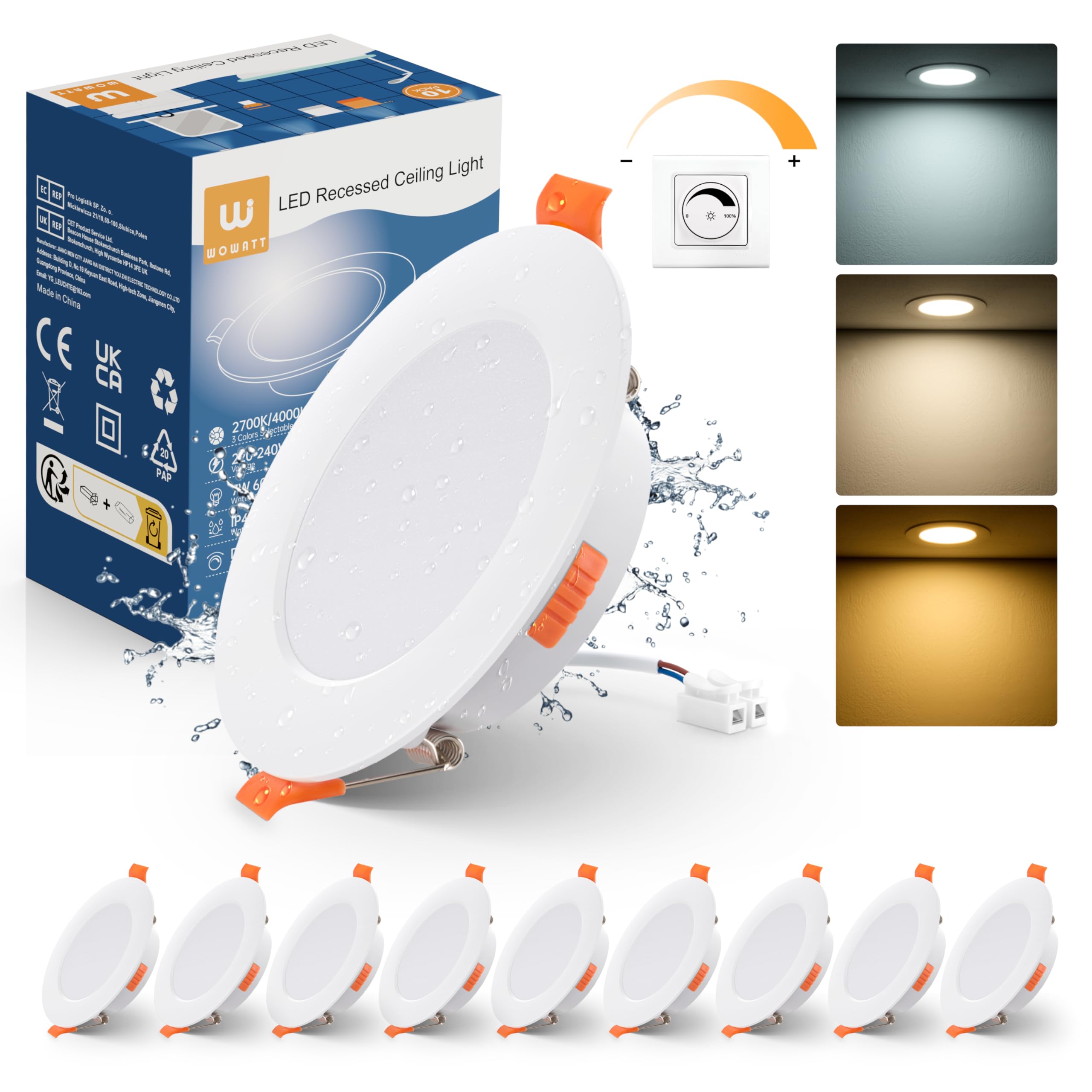 wowattLED Recessed Spotlight Dimmable 7W 220V LED Ceiling Spotlights 2700K 4000K 6000K Adjustable Extra Flat LED Recessed Recessed IP44 for Bathroom Kitchen Living Room Hallway Pack of 10