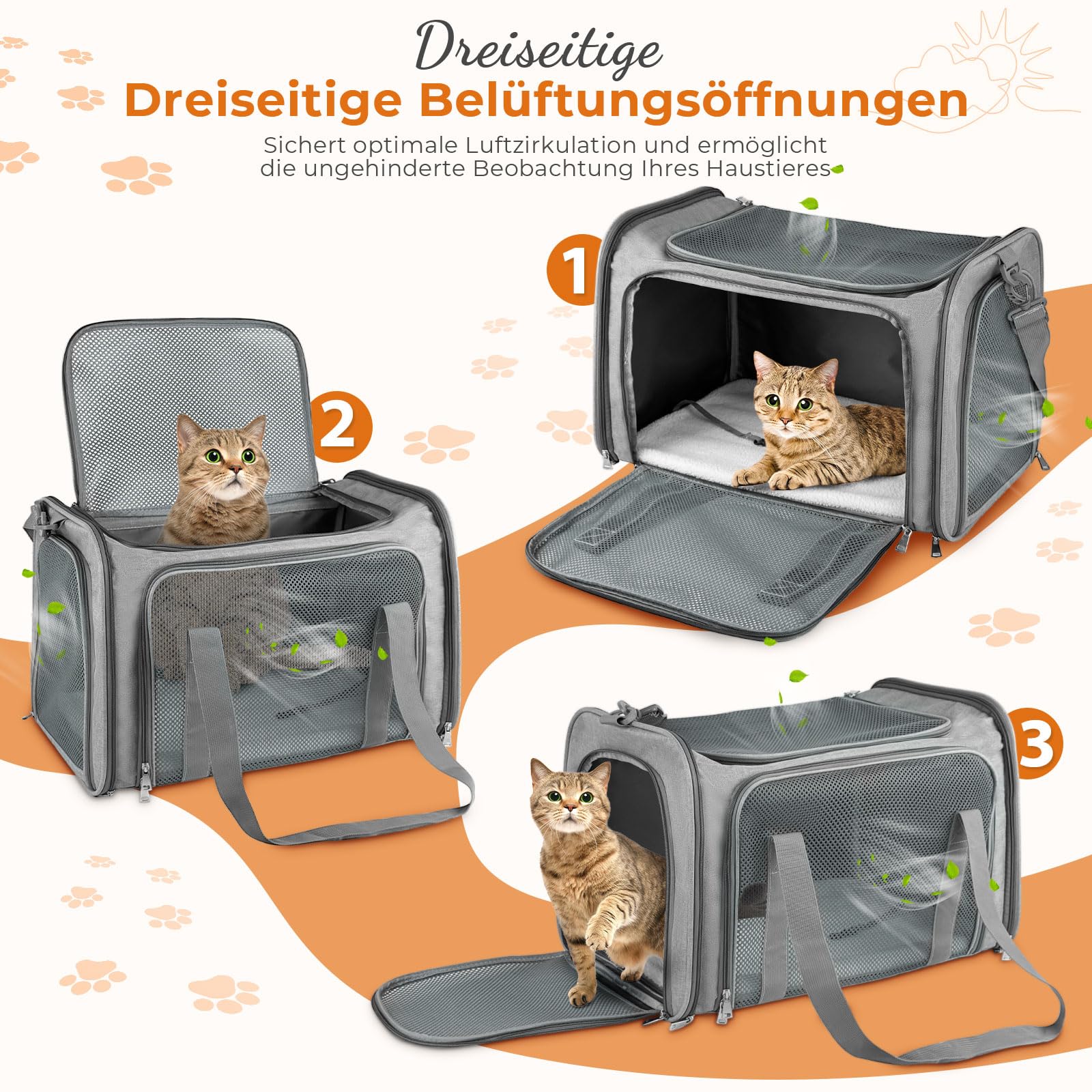 Transporttasche Katze, Transporttasche für Katze Hund bis zu 5kg, Tragbar Faltbare Haustier Tragetaschen mit Schultergurt für Mittel Kleine Haustiere(Grau, 43x28x28cm)