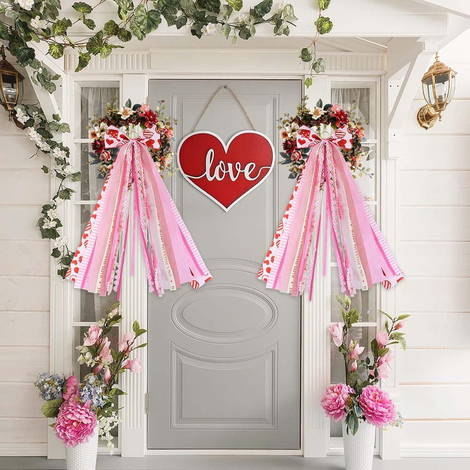 2 Pack Valentine's Day Wreath Bows Assorted Ribbon for Wreaths 30'' x 20'' Clip-On Wreath Sash Ribbons Bundle Pink Red Love Heart Bow Valentine Decor for Indoor Outdoor Party Yard Home Decor
