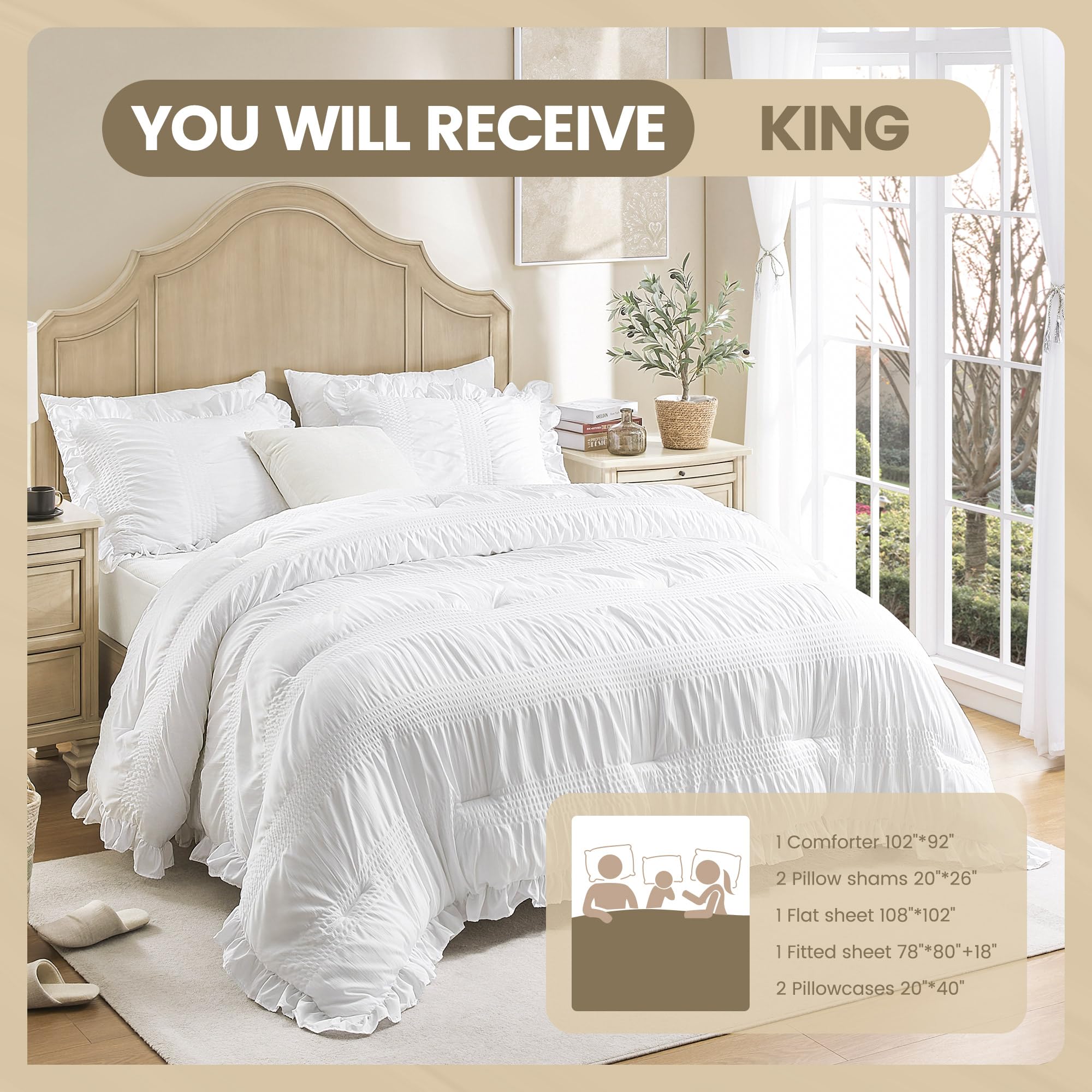 QUIETSEA King Schmusetuch Set Seersucker 7-teilig weiß Rüschenbett in Einer Tasche | Luxuriöses Bettwäsche-Set für King-Size-Betten mit Bettdecke, Kissenbezügen, Bettlaken, Spannbetttuch und Kissenbezügen