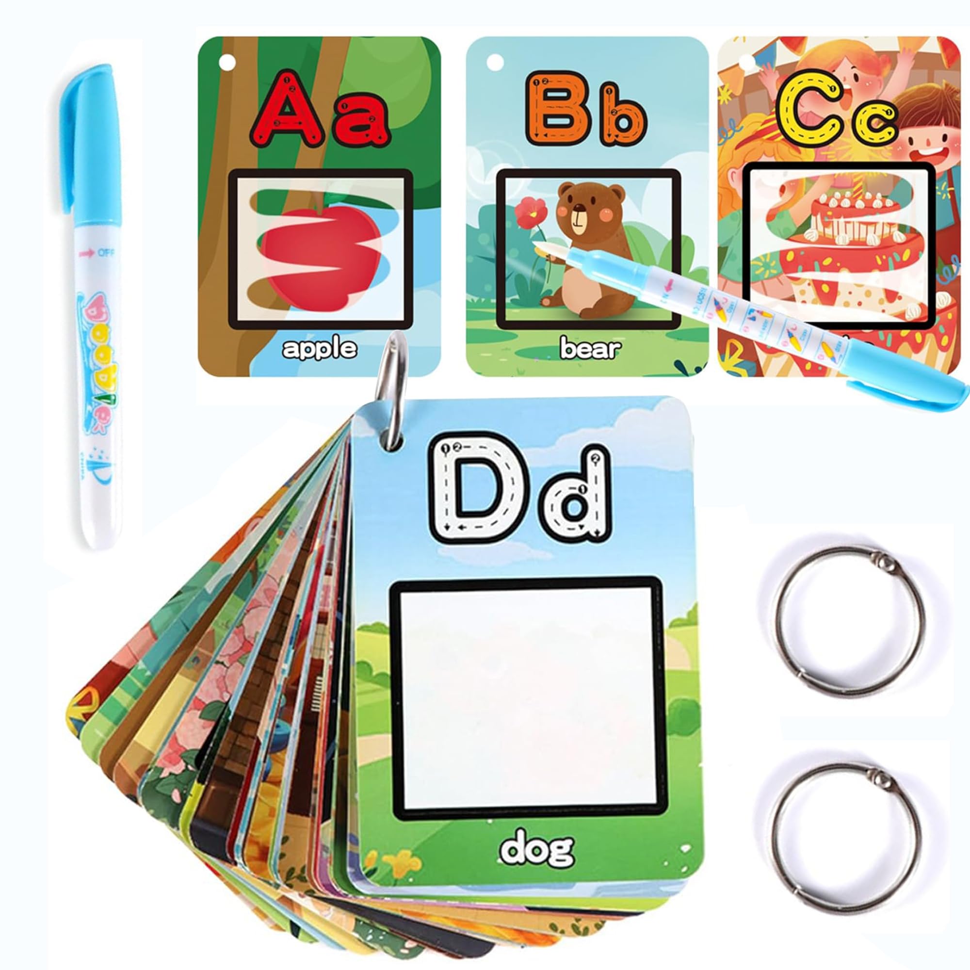 Kidology Alphabet Water Coloring Cards for Kids | Reusable Mess-Free Aqua Painting Flash Cards | 26 ABC Learning Cards with 2 Water Pens, Metal Rings | Drawing, Tracing & Early Education Toy-image-13
