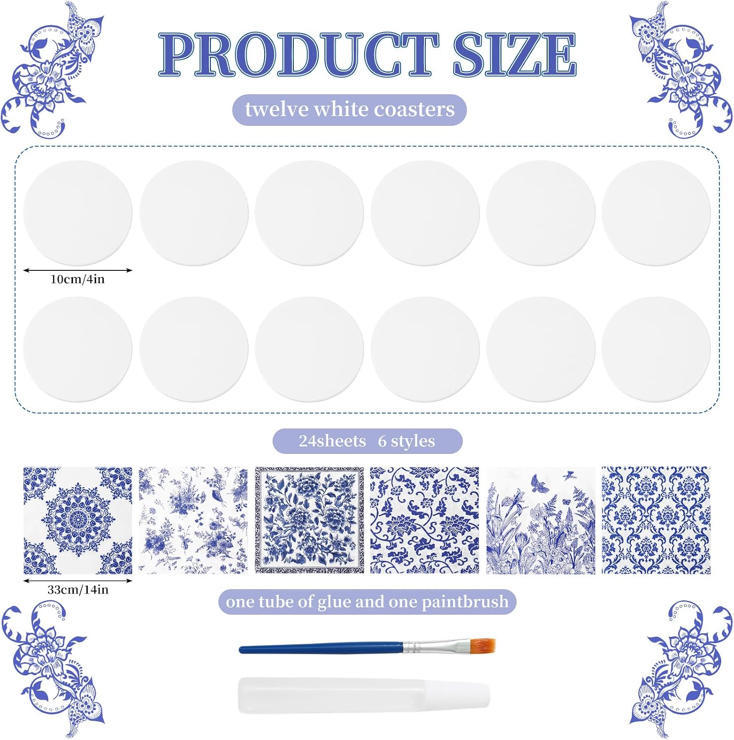 JarThenaAMCS 12 Pcs Ceramic Tile for Crafts Coasters with 24 Pcs Decoupage Paper Napkin DIY Art Crafts Brush Glue Set for Home Office Wedding Party Table Decor