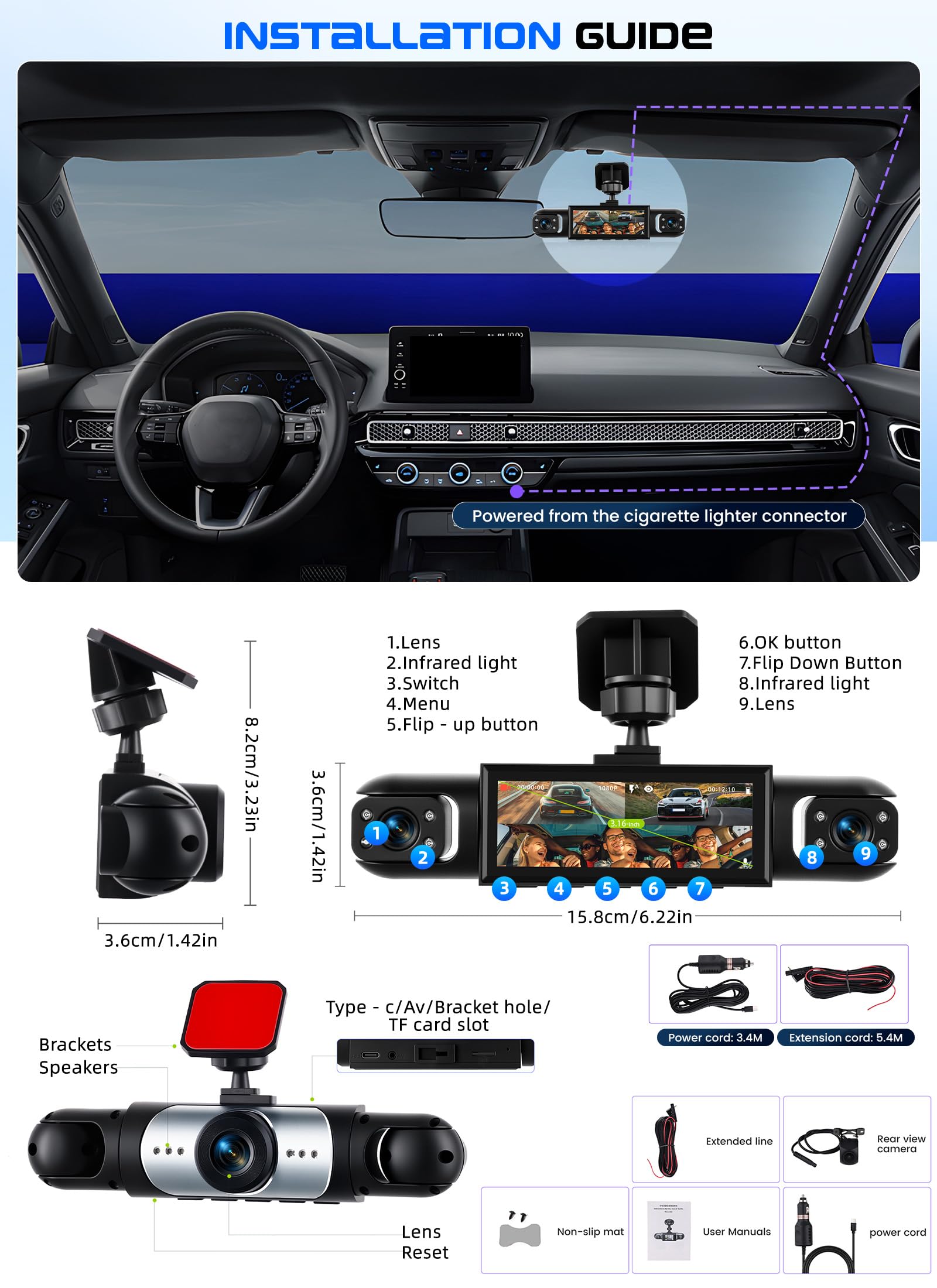 CAMECHO Dashcam 4 Canales 1080P, visión 360° para Coche, 4 cámaras Ajustables, Pantalla 3.16", guías de Aparcamiento, Compensación de exposición, grabación en Bucle, Montaje Sencillo
