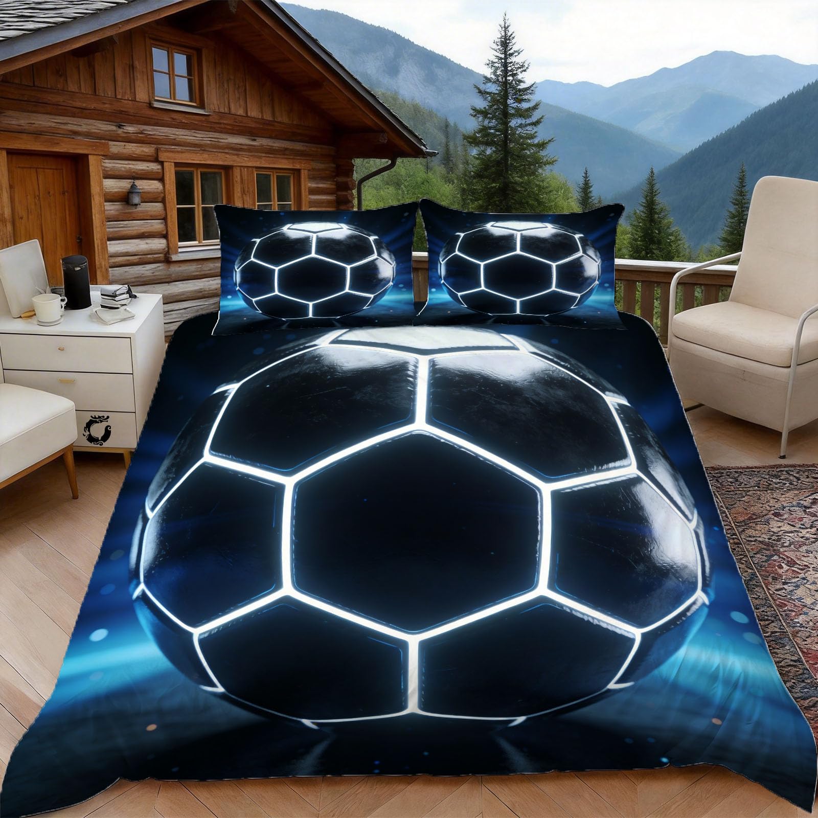 3D Double Duvet Set 3D Printed Neon Soccer Bedding, Soccer Elements Soft Microfibre Duvet Cover Sets Quilt Cover and Pillow Set with Zipper 3 Pcs