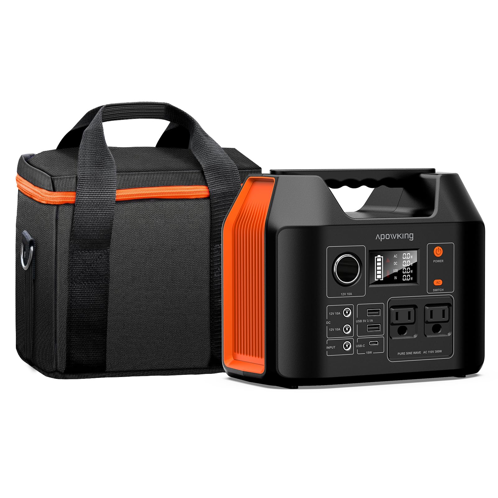 Apowking Portable Power Station 300W with Storage Case 256Wh LiFePO4 Battery Solar Powered Power Bank with 2 AC