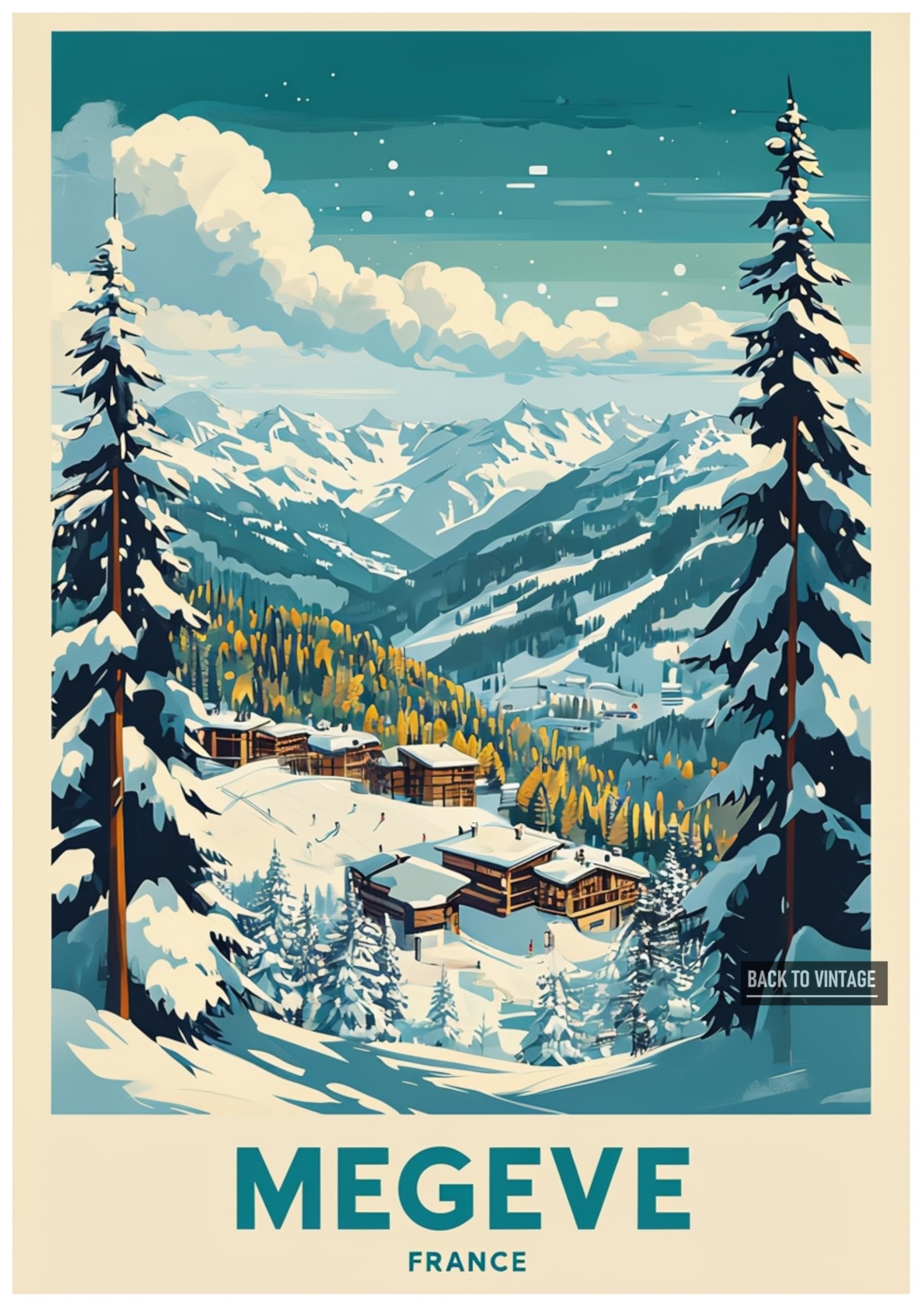 MEGEVE - Vintage Ski Resort Poster A4 Size Retro Winter Sports Wall Art Alpine Mountains Snow Landscape Home Decor for Ski Lovers
