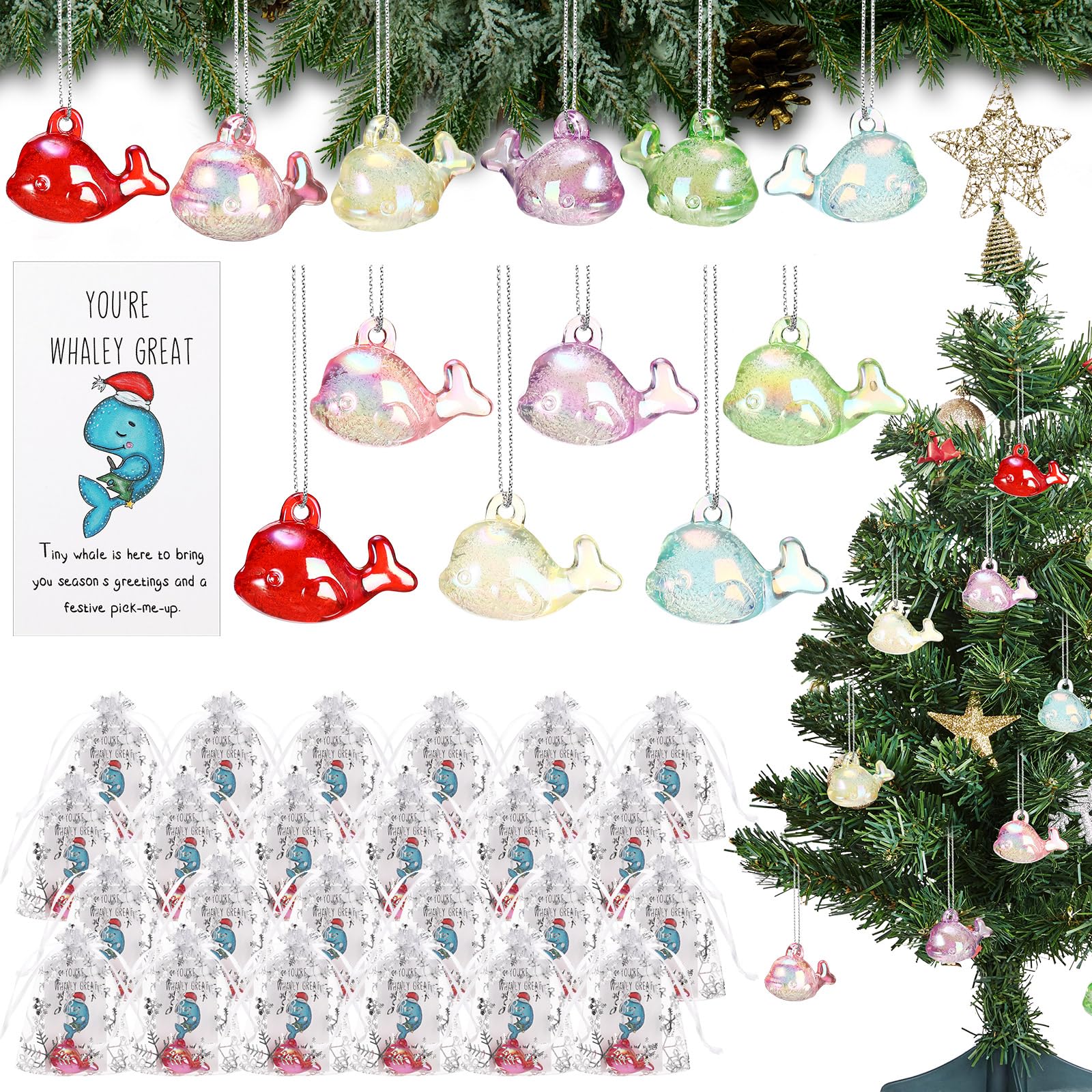 42 Pcs Christmas Whale Hanging Ornament Gifts Colorful Acrylic Humpback Whale Decoration Ornament Nautical Christmas Ornaments with Cards Organza Bags for Xmas Holiday Party Favors Kids Women