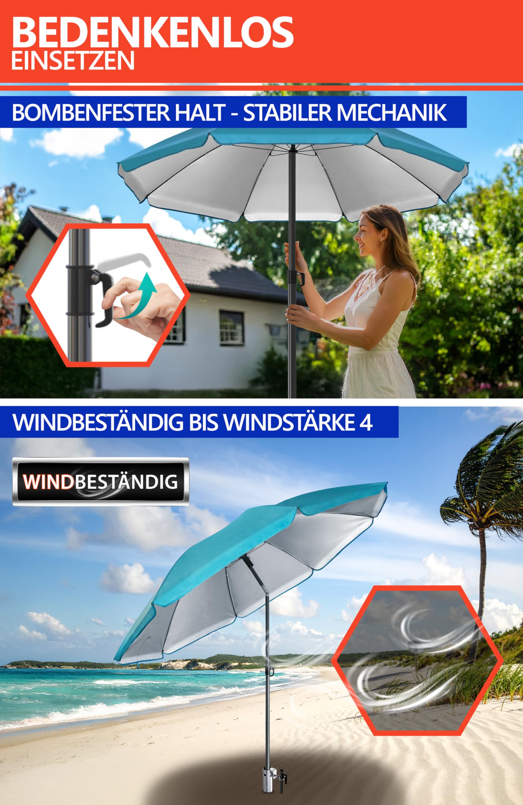 4smile Sonnenschirm Strand Set 3-in-1, Ø 180 cm Strandschirm Windfest Stabil mit Schirmhülle & Eindrehbodenhülse, Sonnenschirm mit Bodendübel, Sonnenschutz Strand, UV Schutz 50+, Fb. Türkis