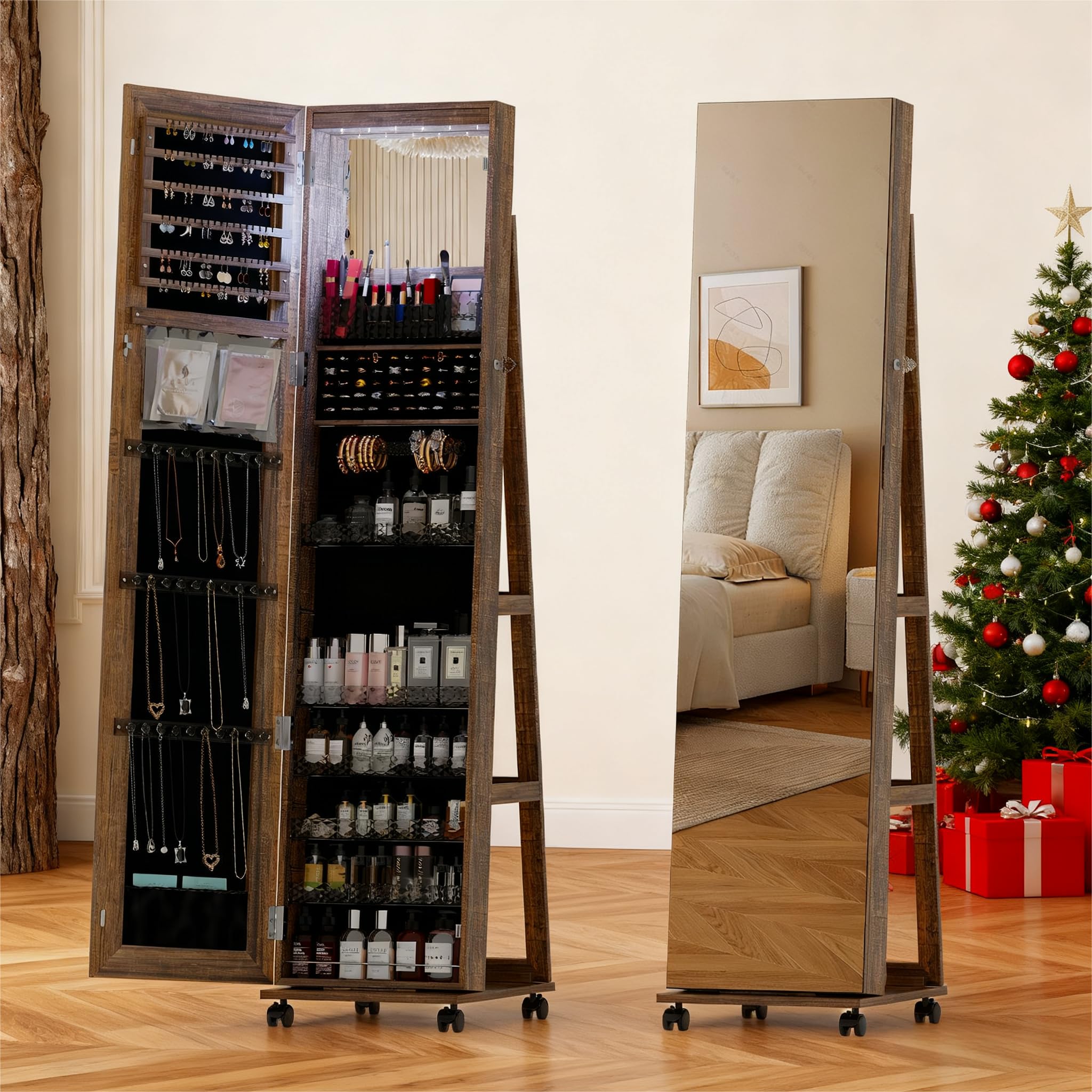 OUTDOOR DOIT 360°回転LEDジュエリー戸棚 ロック付き フルレングスミラー 大容量 ジュエリーオーガナイザー 戸棚 寝室用 ブラウン