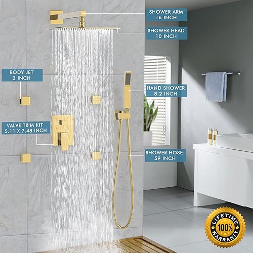 Miniatura 6 de Sistema de ducha de lluvia dorado cepillado con chorros corporales, sistema de chorros de ducha de lluvia de 10 pulgadas, juego de grifos de ducha
